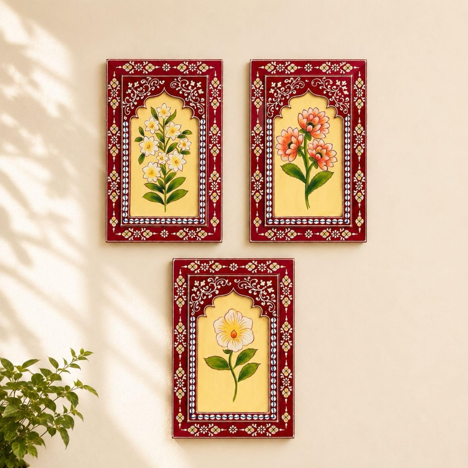 ATRANGI STUDIO Ruby Bloom Wooden Wall Frame (Pack of 3) | Handpainted Jharokha Style Floral Wall Hanging | Rajasthani Traditional Art | Framed Wall Painting for Living room, Bedroom, Office | 12×8 Inch-picture-27