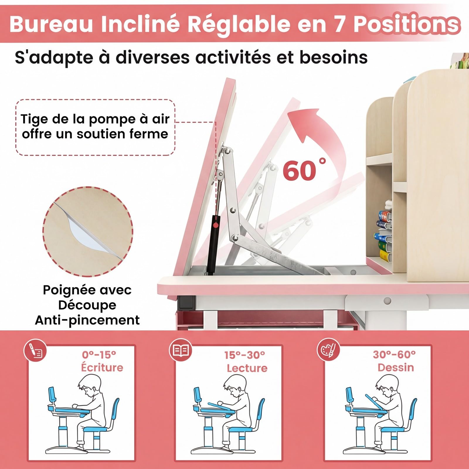 DREAMADE Bureau Enfant 2 Niveau Plateau Inclinable Hauteur Réglable Table d'Étude Ergonomique Bibliothèque Tiroir Charge 100KG Rose