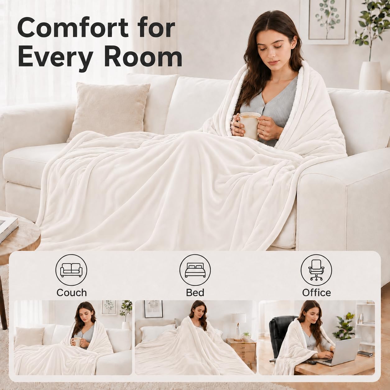 Electric Heated Blanket King Size 90 x 100, Soft Flannel for Bed, Couples, 10 Heat Settings, 1-12H Auto Shut Off, Dual Zone Controls, Overheat Protection, Machine Washable, White