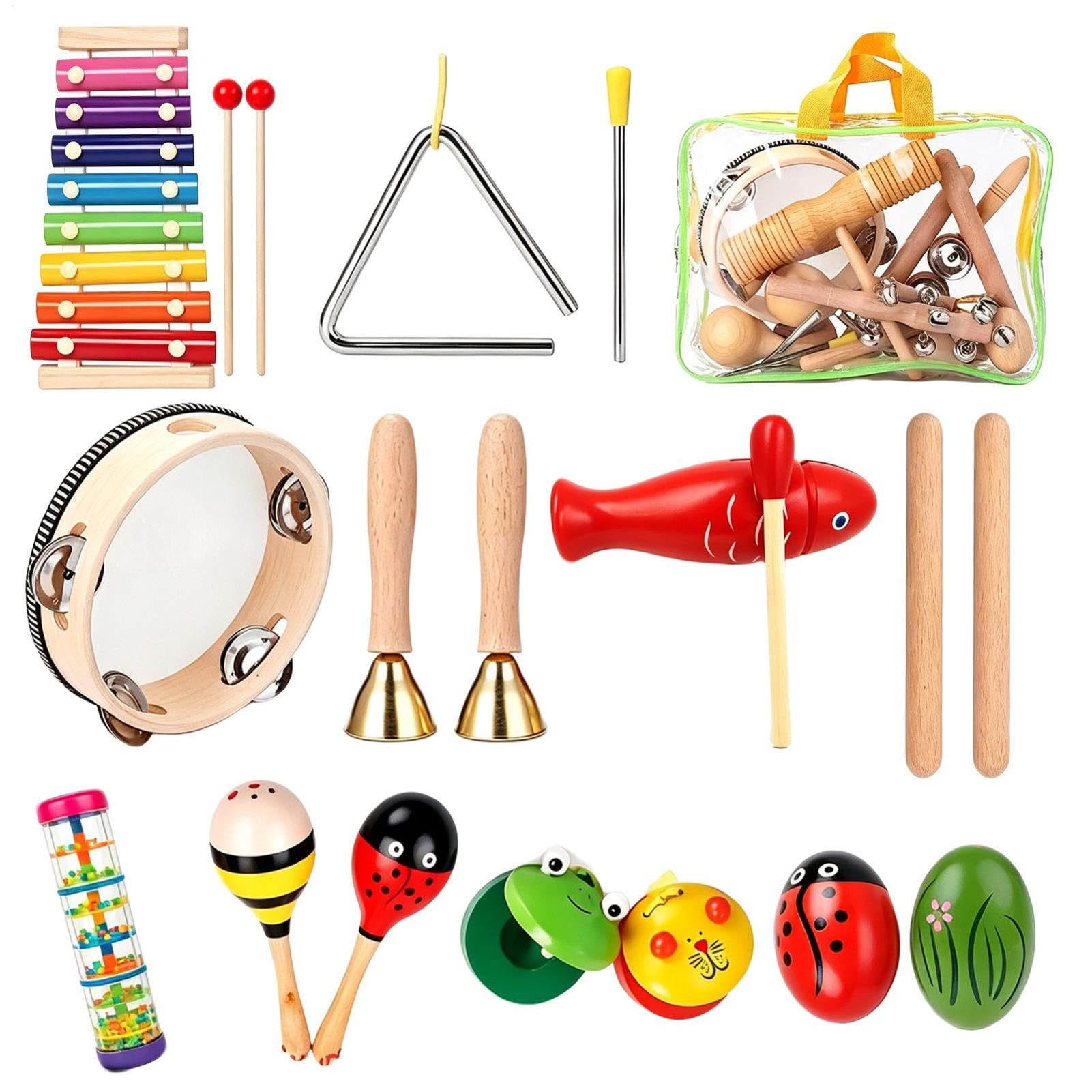 Drewniane instrumenty muzyczne, tamburyn, ksylofon, zestaw
