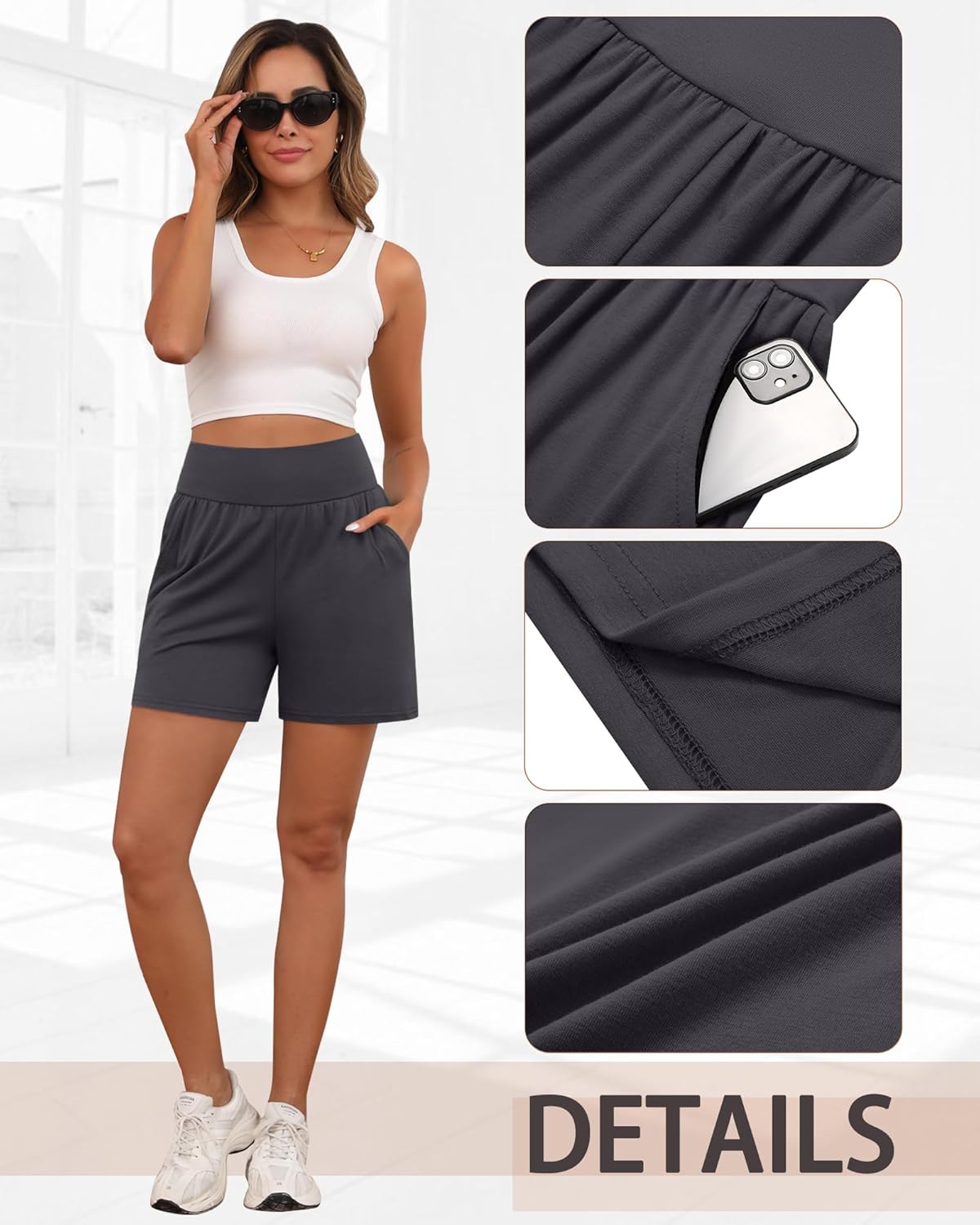 Neer 3 Pack Cotton Women's Athletic Shorts 5'' High Waisted Elastic Wide Leg Yoga Gym Workout Lounge with Pockets(Black,Dark Blue,Navy Blue,L) - Image 5