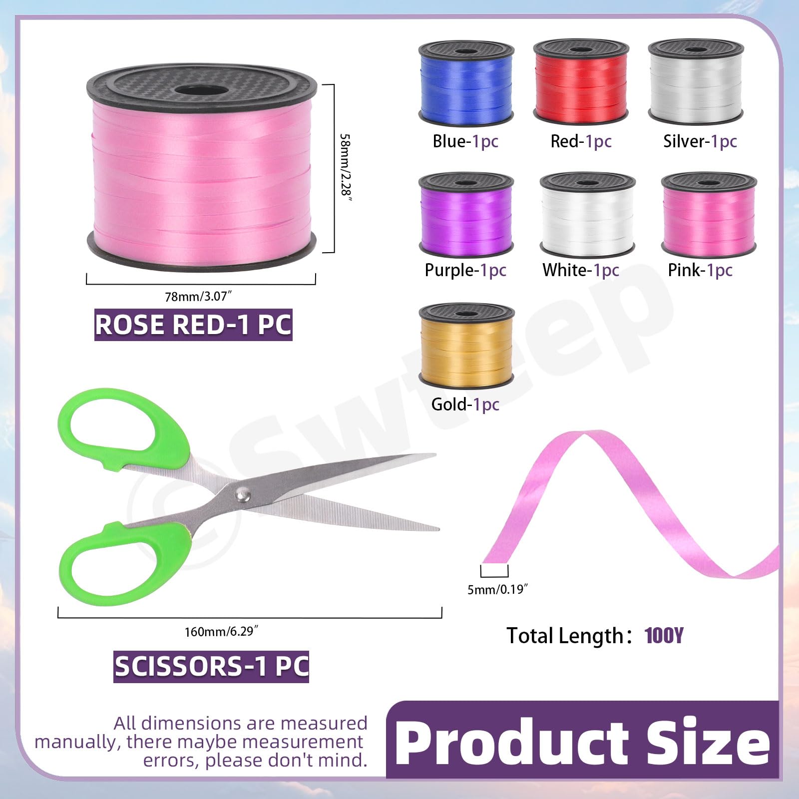 Swpeet 9Pcs 1/5" Wide x 100 Yards Curling Ribbon with Scissors Kit - Image 2