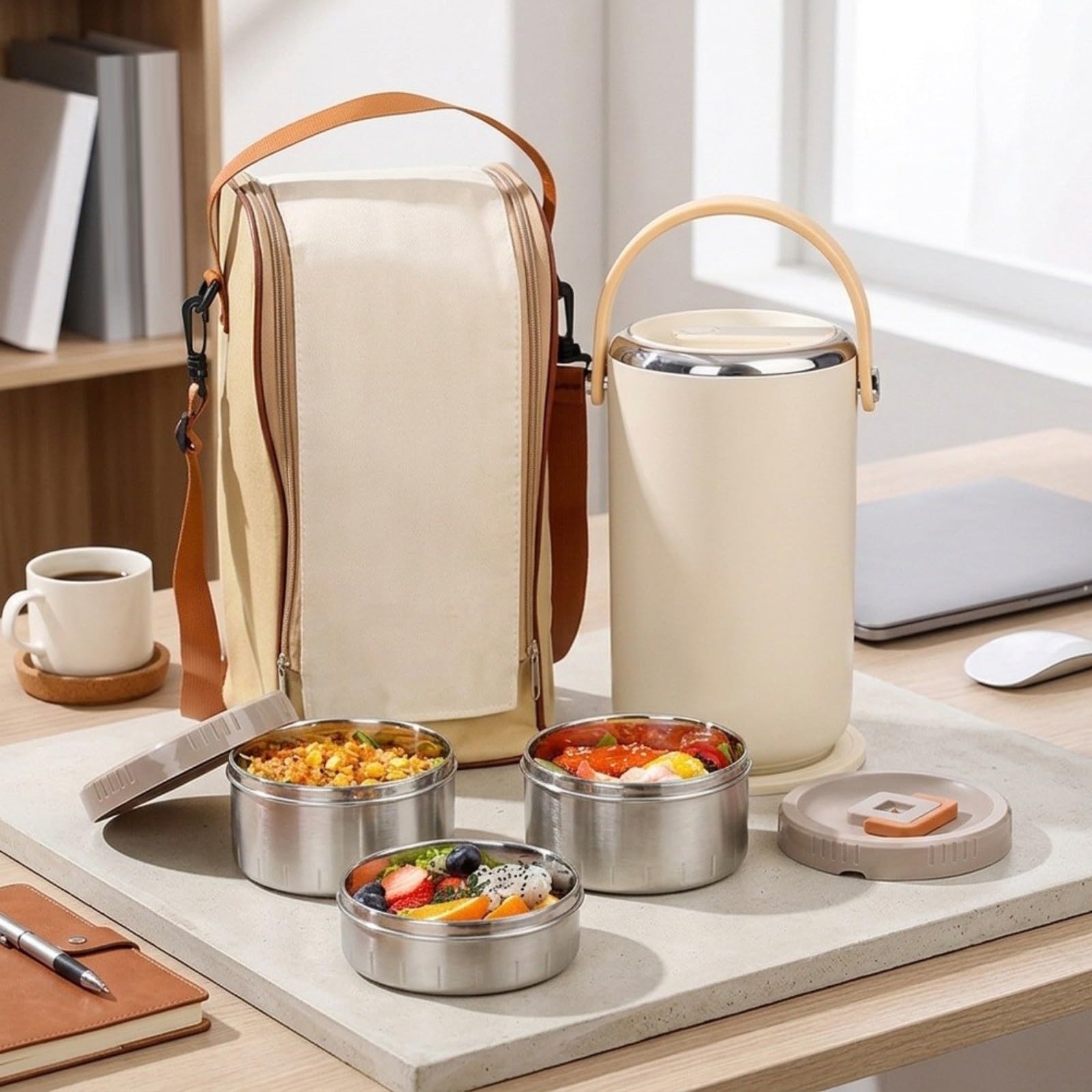 Lonchera de acero inoxidable de 3 niveles aislada al vacío, contenedor de alimentos fríos y calientes de 8 horas, juego a prueba de fugas con bolsa de transporte (morado)
