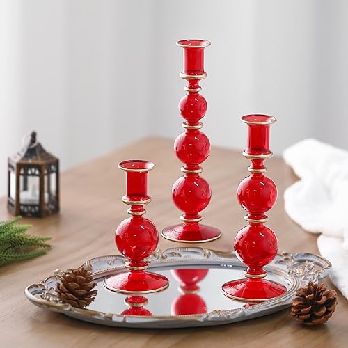 Miniatura 7 de Patelai Juego de 3 portavelas de cristal rojo, transparente, 3 tamaños, candelabros cónicos rojos con forma esférica, soporte para velas de mesa de