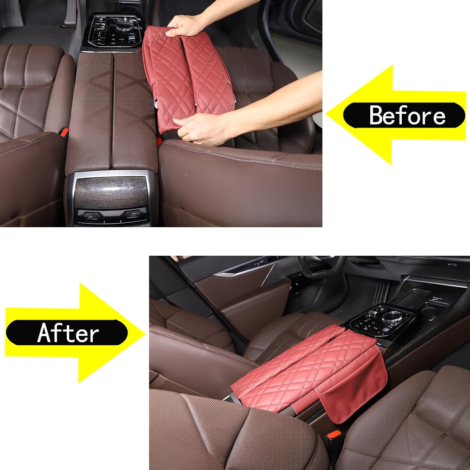 Car Center Console Cover Compatible with BMW 7 Series G70 2023-2025,Center Seat Armrest Cover Pad Leather Cushion Anti-Scratch Protector with Side Mobile Phone Storage Pockets (Red)