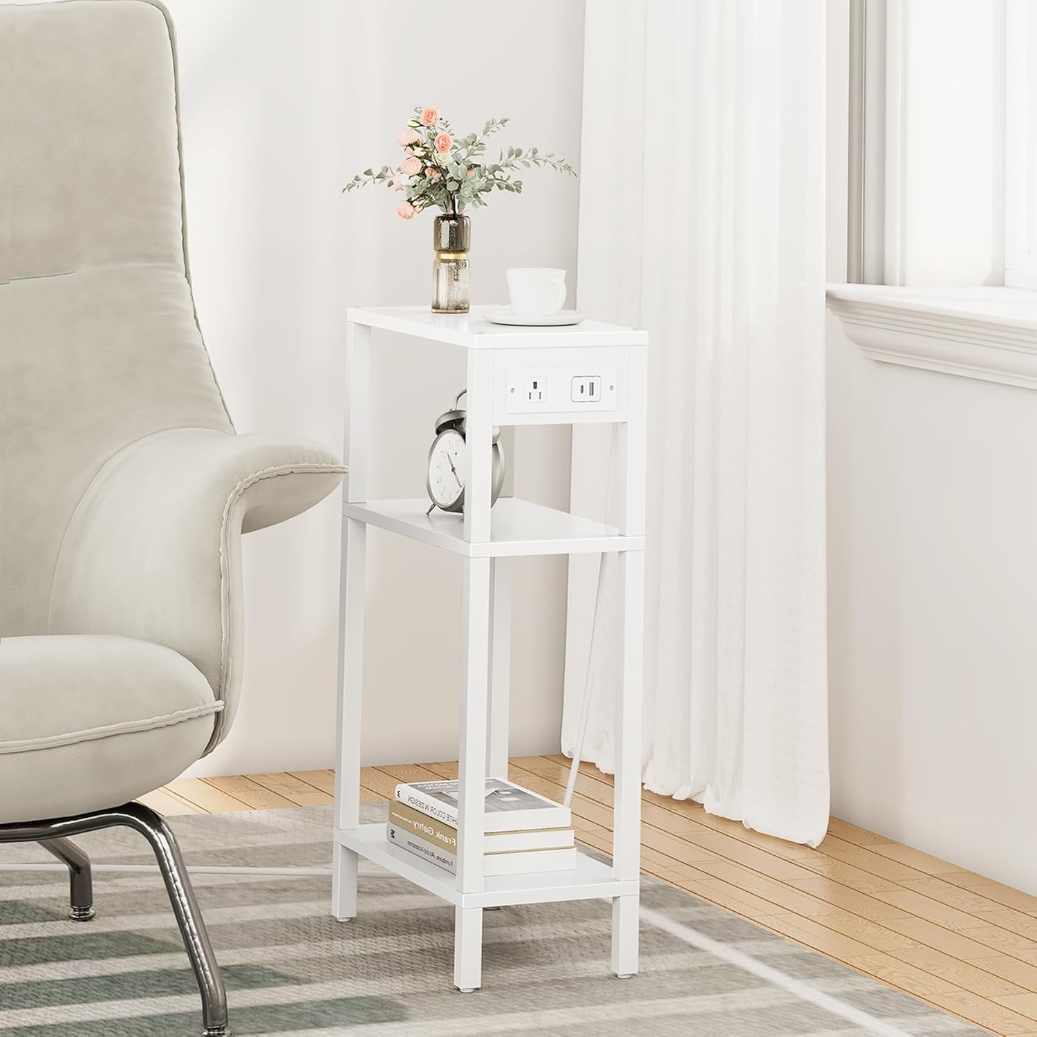 TUTOTAK Narrow Side Table with Charging Station,Small End Table with USB Ports and Outlets, Skinny Sofa Table, Slim Nightstand, Living Room, Bed Room, White TB01BW079