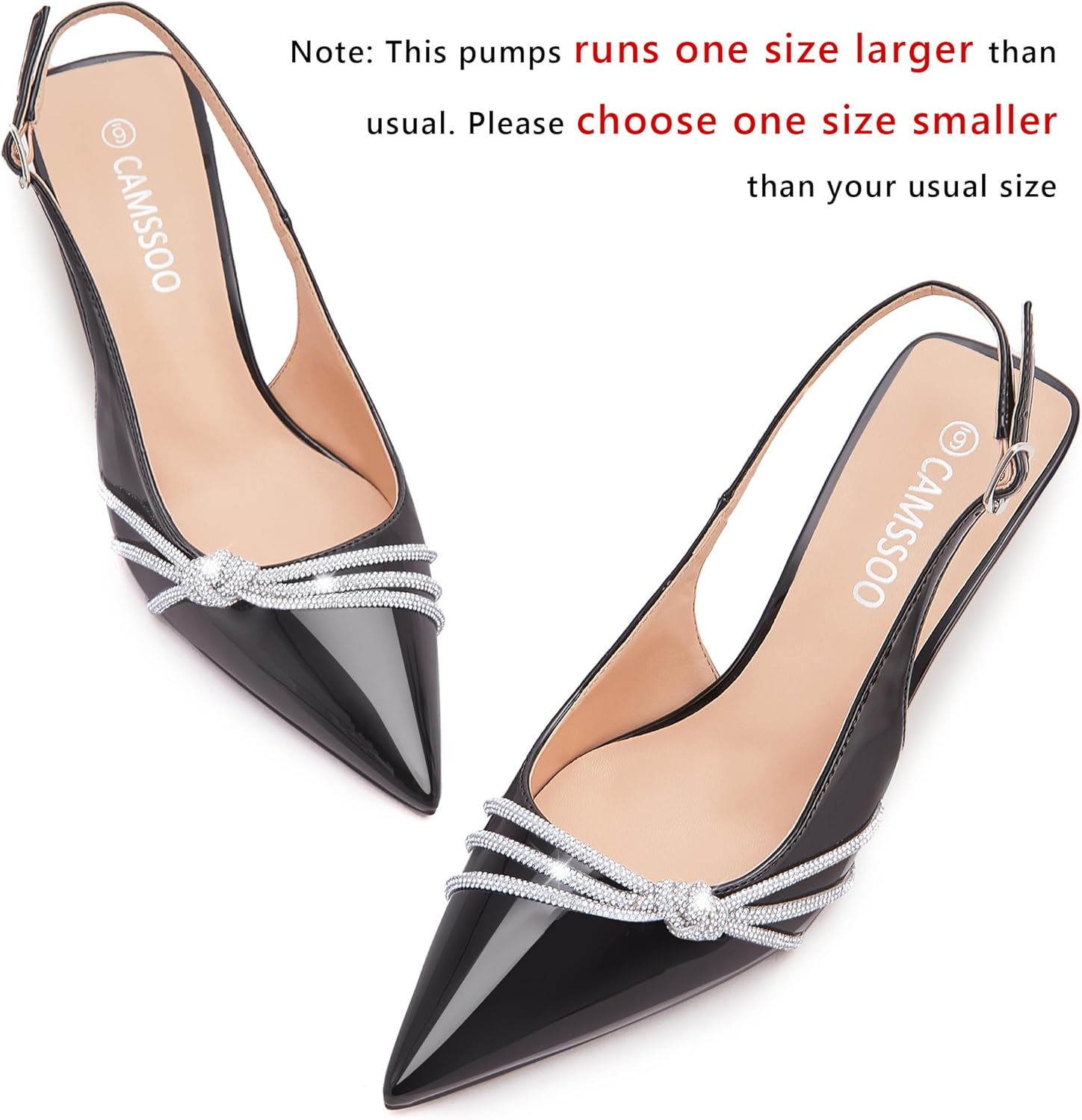 CAMSSOO Women's Slingback Kitten Heels Patent Leather Closed Pointed Toe Stiletto Pumps with Rhinestones Dress Shoes Party Prom Wedding - Image 4