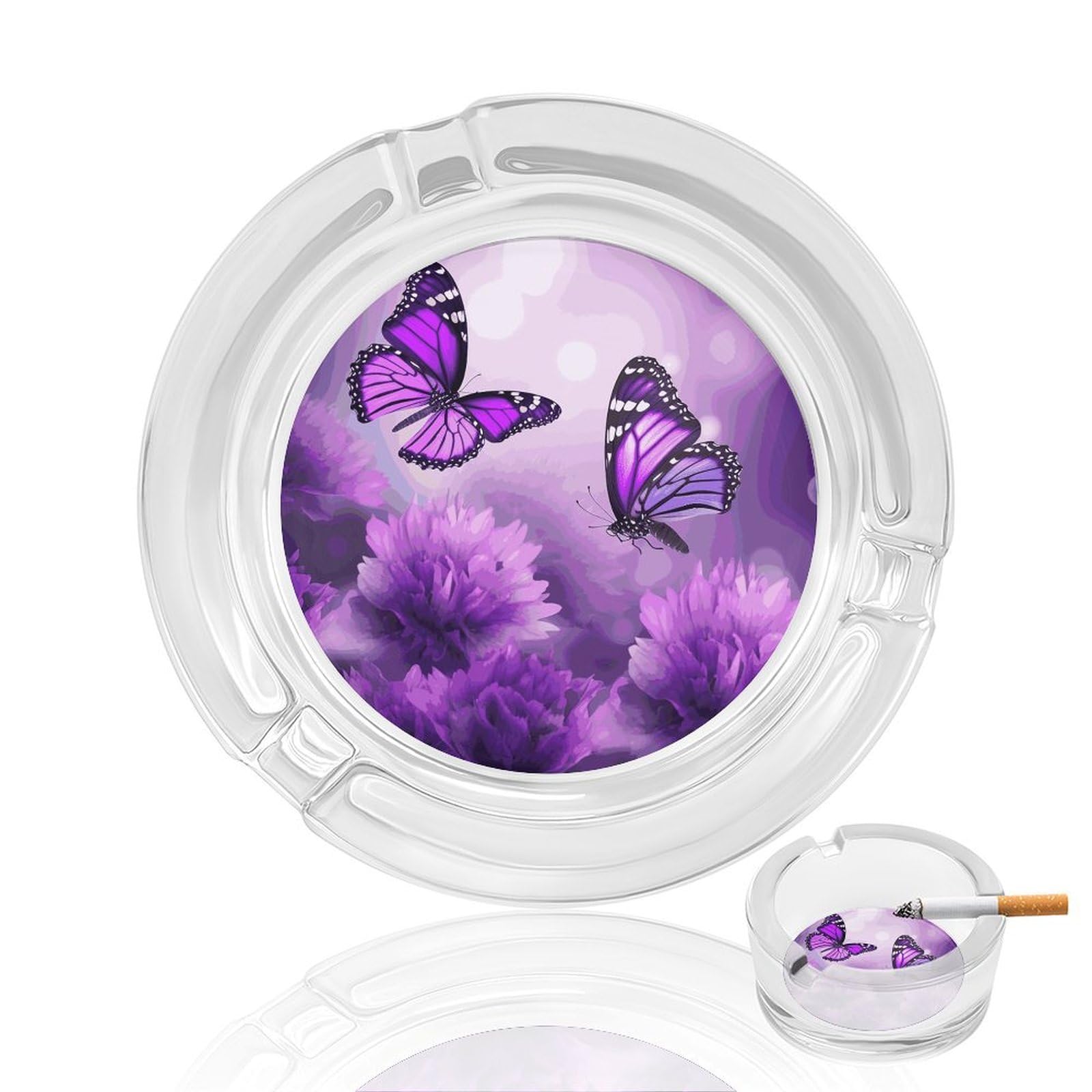Cendrier sans fumée décoratif en verre violet et motifs papillons pour intérieur