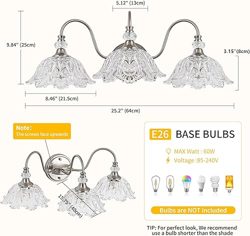 Miniatura 6 de Lámpara de tocador de baño de 3 luces de níquel cepillado con pantallas de vidrio transparente floral, iluminación de montaje en pared de níquel