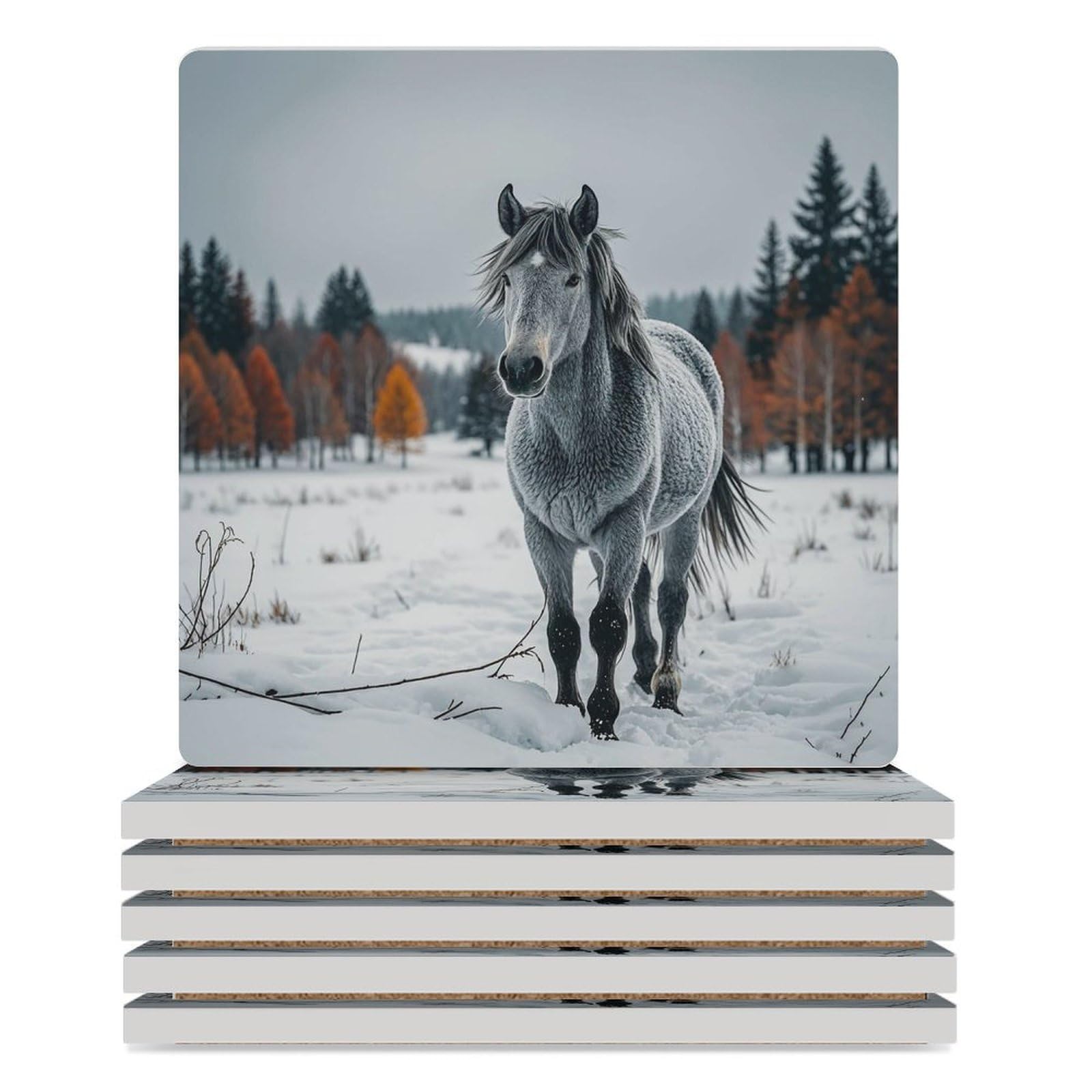 Dessous de verre céramique absorbant liège lot de 6 carrés motif cheval paysage hivernal