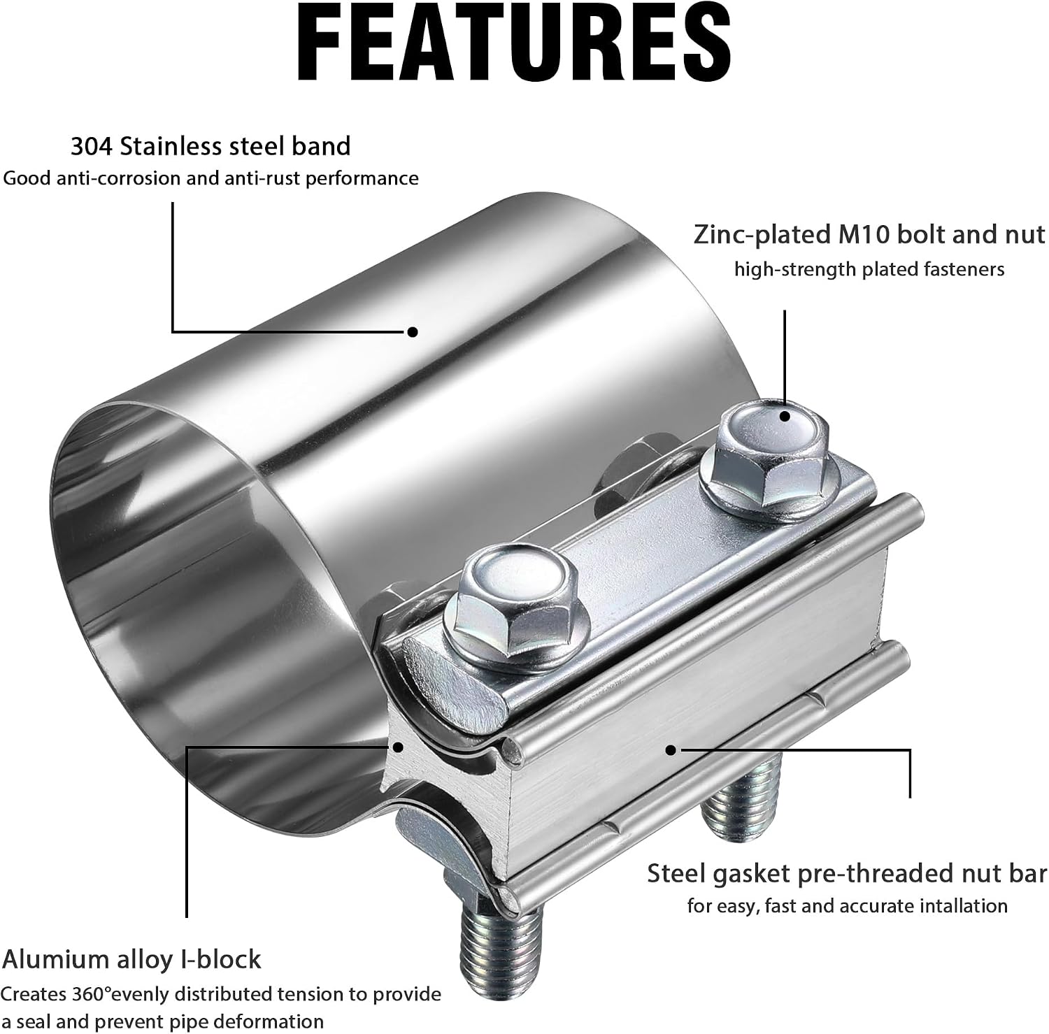 2.5 Inch Exhaust Clamp, 2 1/2" Butt Joint Band Clamp Sleeve Coupler 304 Stainless Steel for Pipes,Mufflers,Catalytic Converters