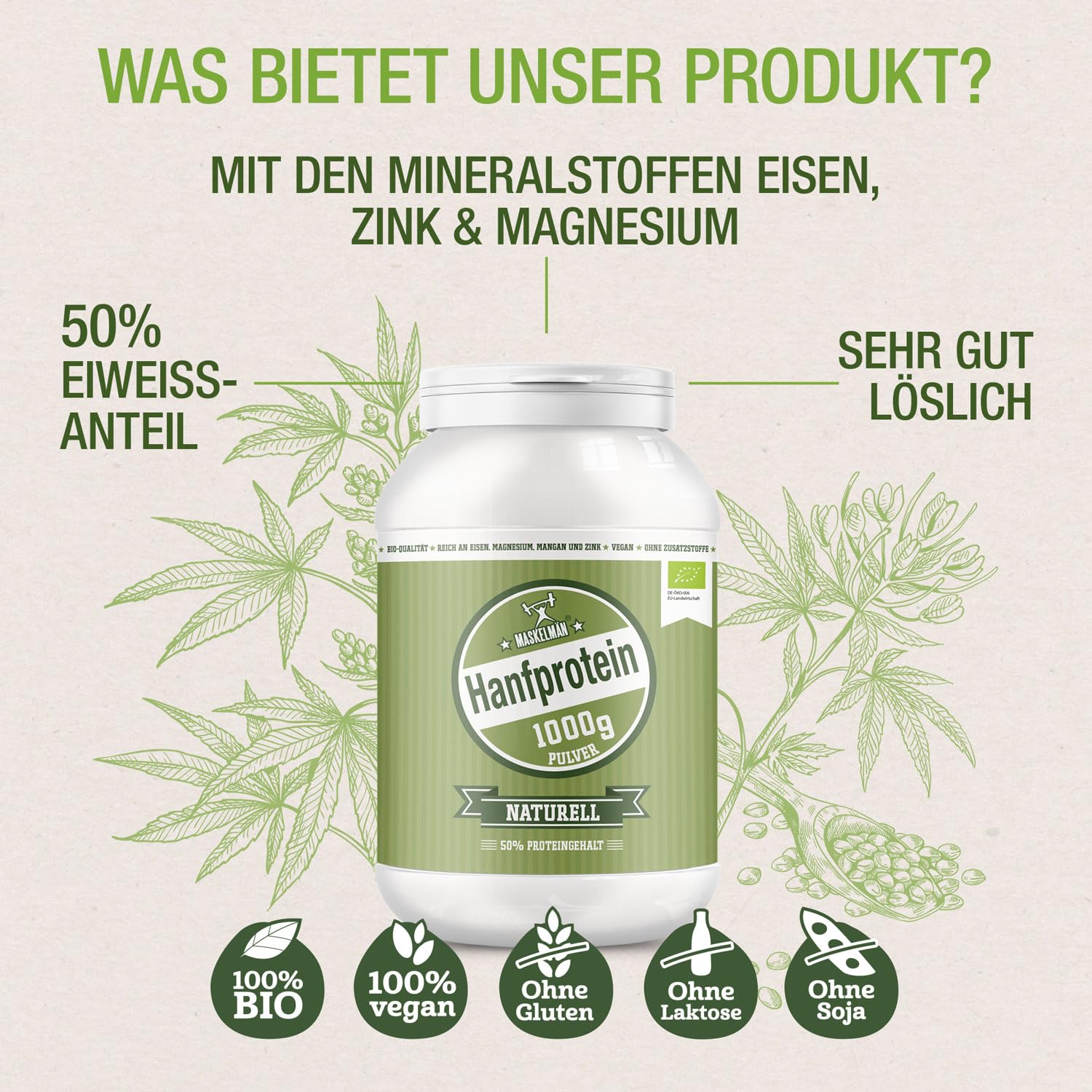 Hanfproteinpulver Bio - 1 KG - Über 50% Proteinanteil - Aus 100% Bio-Hanfsamen - Veganes Proteinpulver zur Unterstützung des Muskelaufbaus