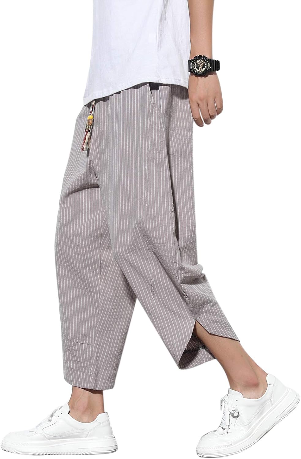 DOSLAVIDA Men's Casual Elastic Waist Linen Capri Pants Wide Leg Baggy Cotton Harem Yoga Trousers Loose Patchwork Short