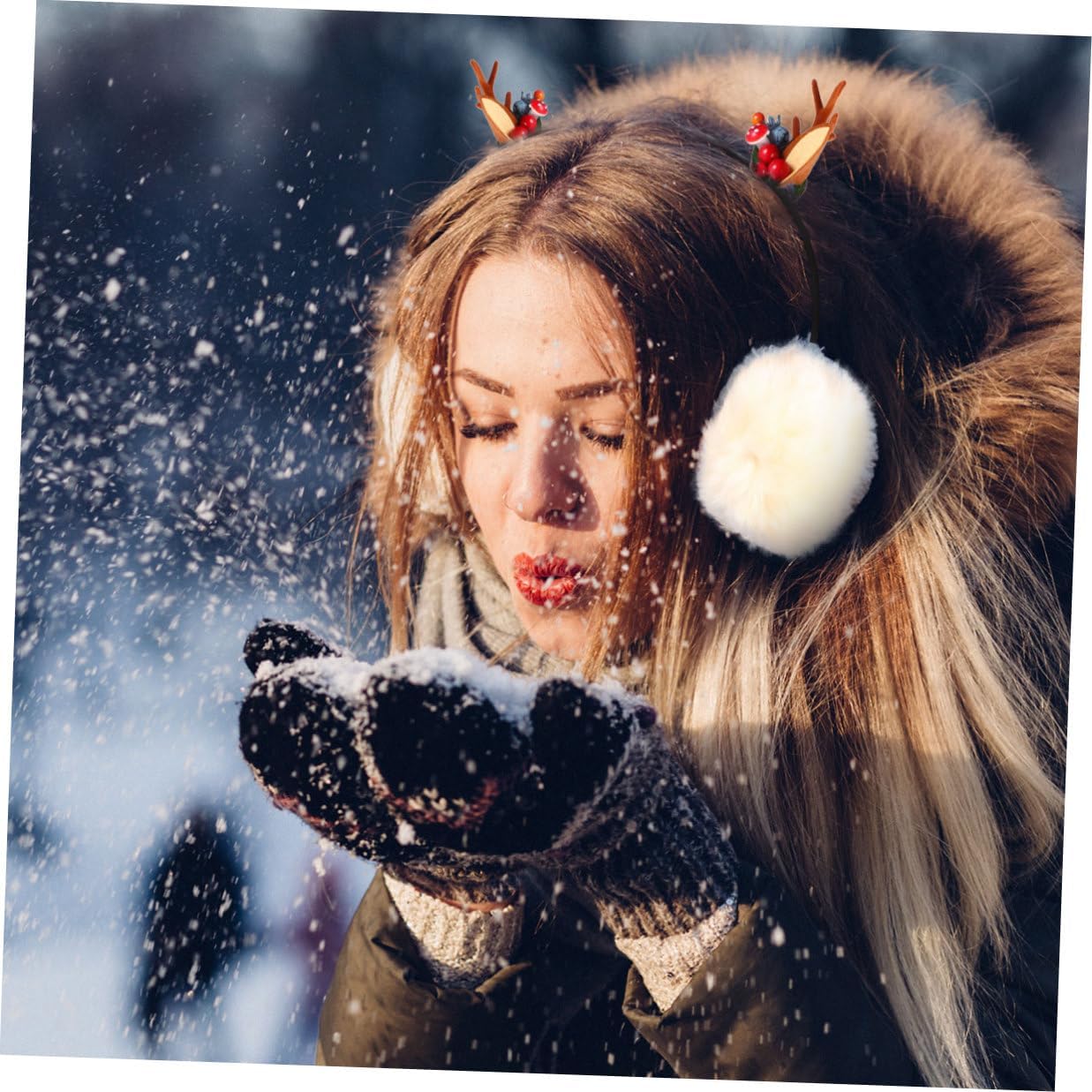 Cute Cat Ear Reindeer Antler Earmuffs for Women Winter Warm Ear Covers Headband Soft Plush for Outdoor Cold Weather