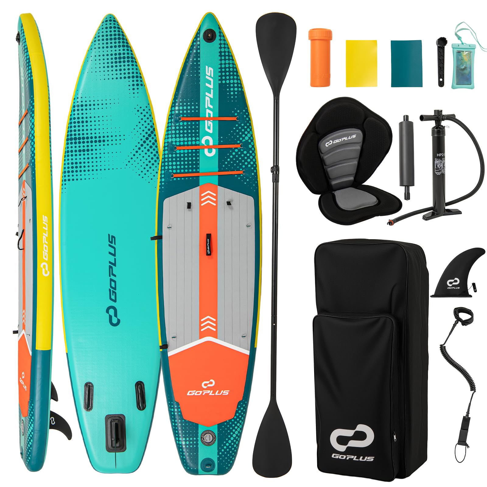 Goplus Inflatable Stand Up Paddle Board for Adults, 11FT SUP w/Premium Kayak Seat, Adjustable Paddle, Leash, Hand Pump, Repair Kit, Waterproof Phone Pouch, Backpack, Non-Slip Deck