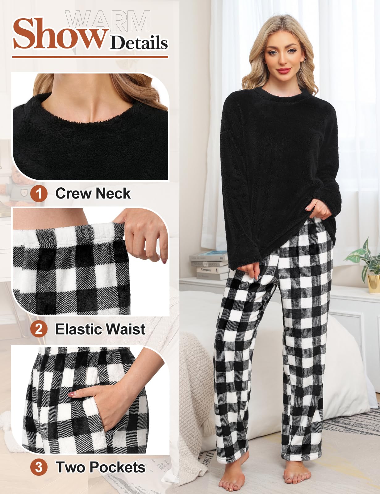 UMIPUBO Pigiama Donna Invernale Pile Due Pezzi Caldo Pigiami da Casa Felpato Set con Tasche Elegante Manica Lunga e Pantalone Lungo Indumenti da Notte Loungewear Natale Regalo Regali