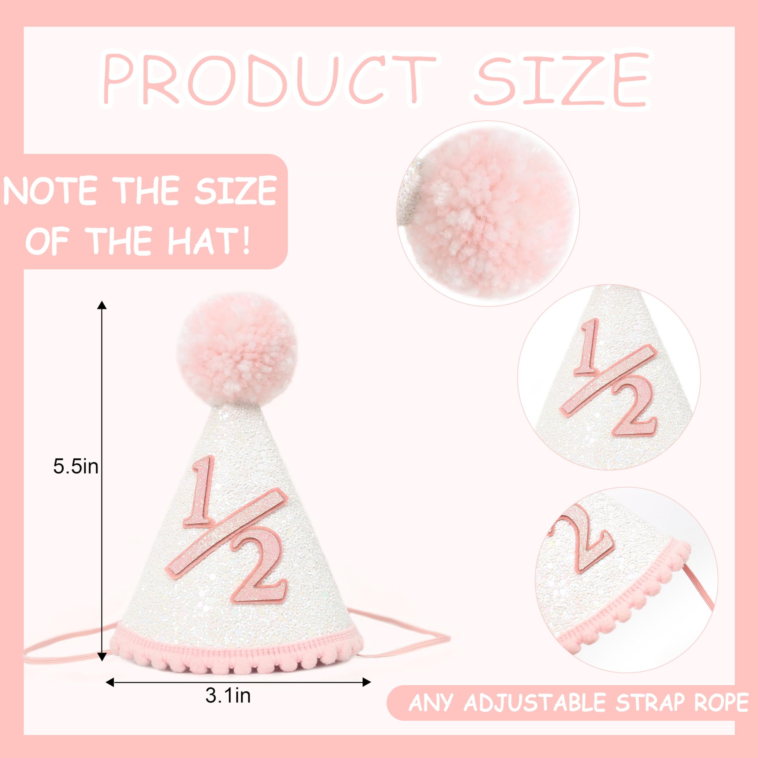 FUTNH Pink Cone 1/2 Party Hats - Boho Birthday Hat For Girls?Happy Birthday Girl Party Hat In Pink?Princess Glitter Party Hat?Birthday Hat For Baby Girls