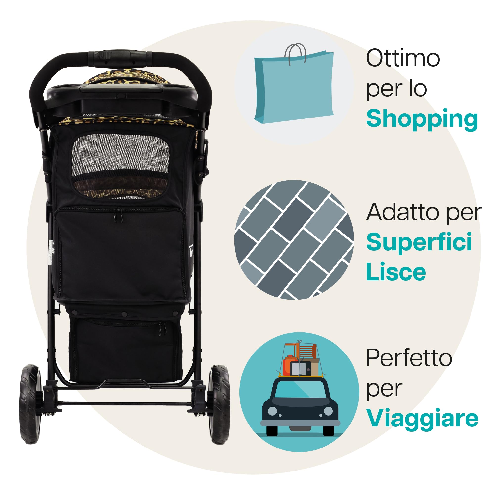 Innopet Buggy Allure Cheetah - Elegante passeggino per cani con stampa leopardata, pieghevole con una sola mano - Ruote antiforatura - Peso massimo 20 kg - carrozzina ideale per gatti