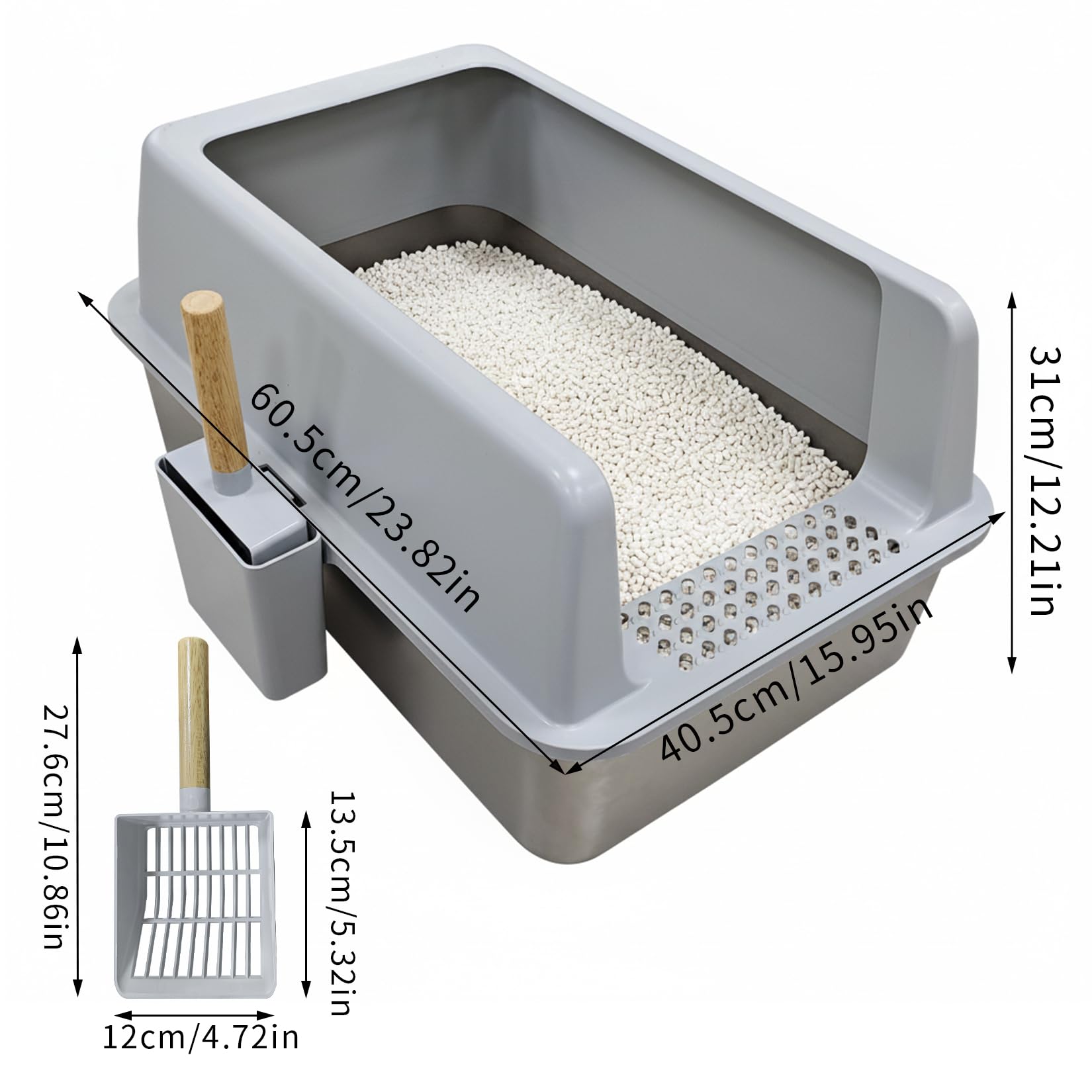 BingoPaw Katzenklo Edelstahl XXL, Katzentoilette Edelstahl für große Katzen, offenes Katzenklo mit hohem Rand, Katzenstreuschaufel und Katzenstreu Matte, Silbergrau 60.5x40.5x31cm