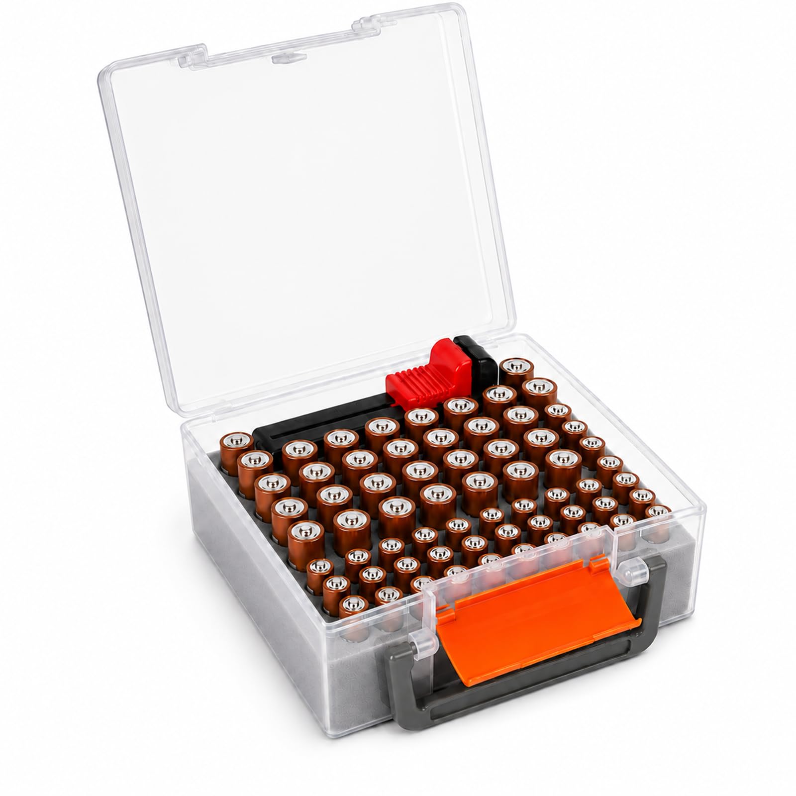 FULLCASE Battery Organizer, Batteriebox mit Tester, Batterie-Aufbewahrungsbox für 34 AA-/30 AAA-Batterien, kompakter Batteriehalter aus Kunststoff für Küchenschublade, Werkzeugkasten und Camping-Set