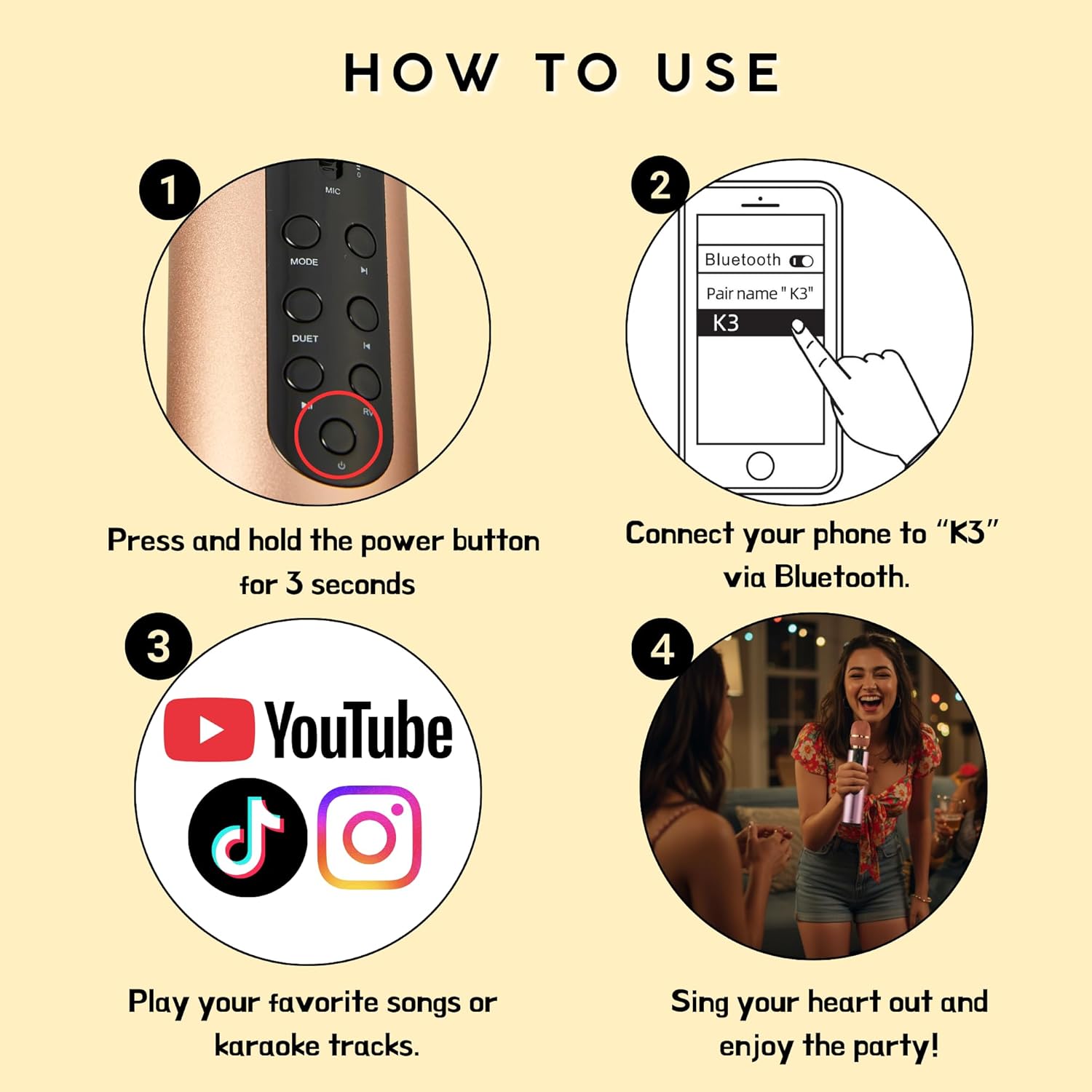 Bluetooth 5.3 Handheld Wireless Karaoke Microphone, Portable 10W Dual Speaker Mic with Clear Vocals & Echo, Home Party Karaoke Machine (Gold)