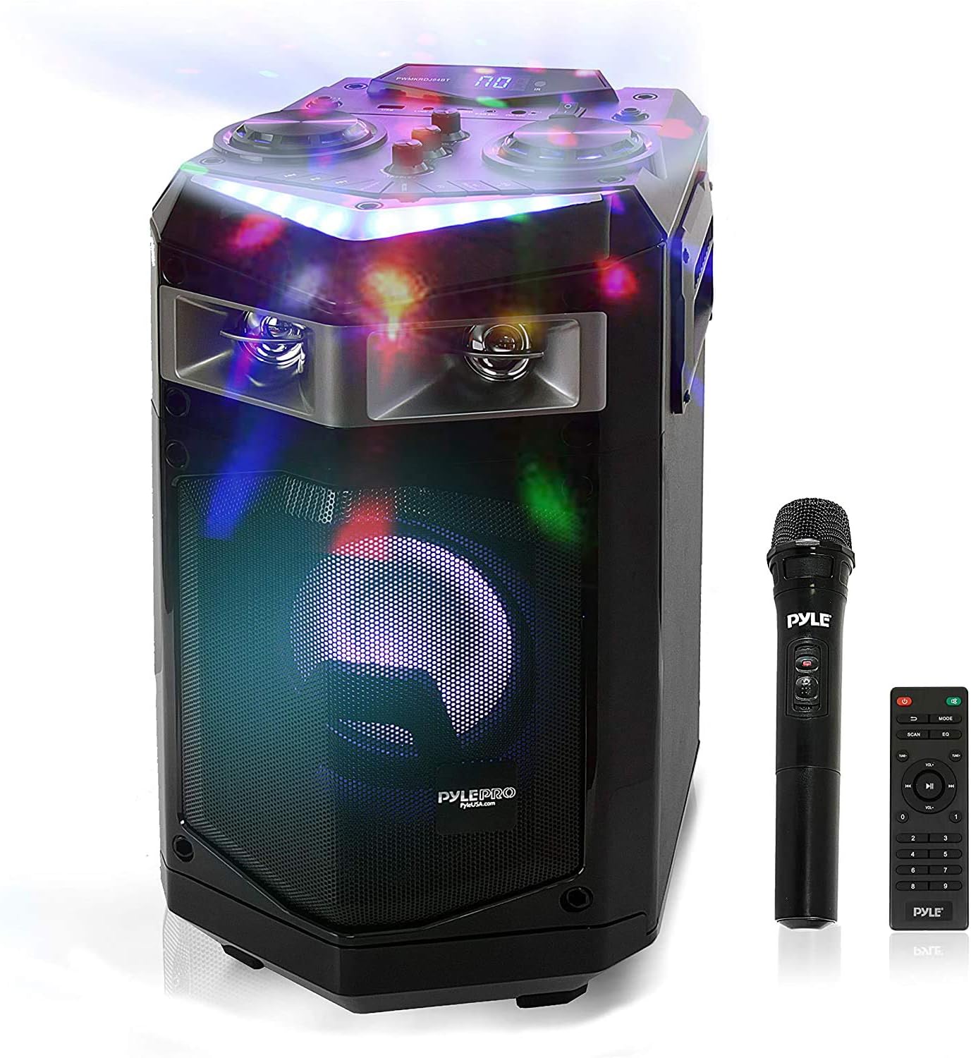 Pyle Portable Bluetooth PA Speaker System - 1200W Rechargeable Outdoor Bluetooth Speaker Portable PA System w/ 15” Subwoofer 1” Tweeter, Recording Function Mic In Party Lights USB/SD Radio PPHP1542B