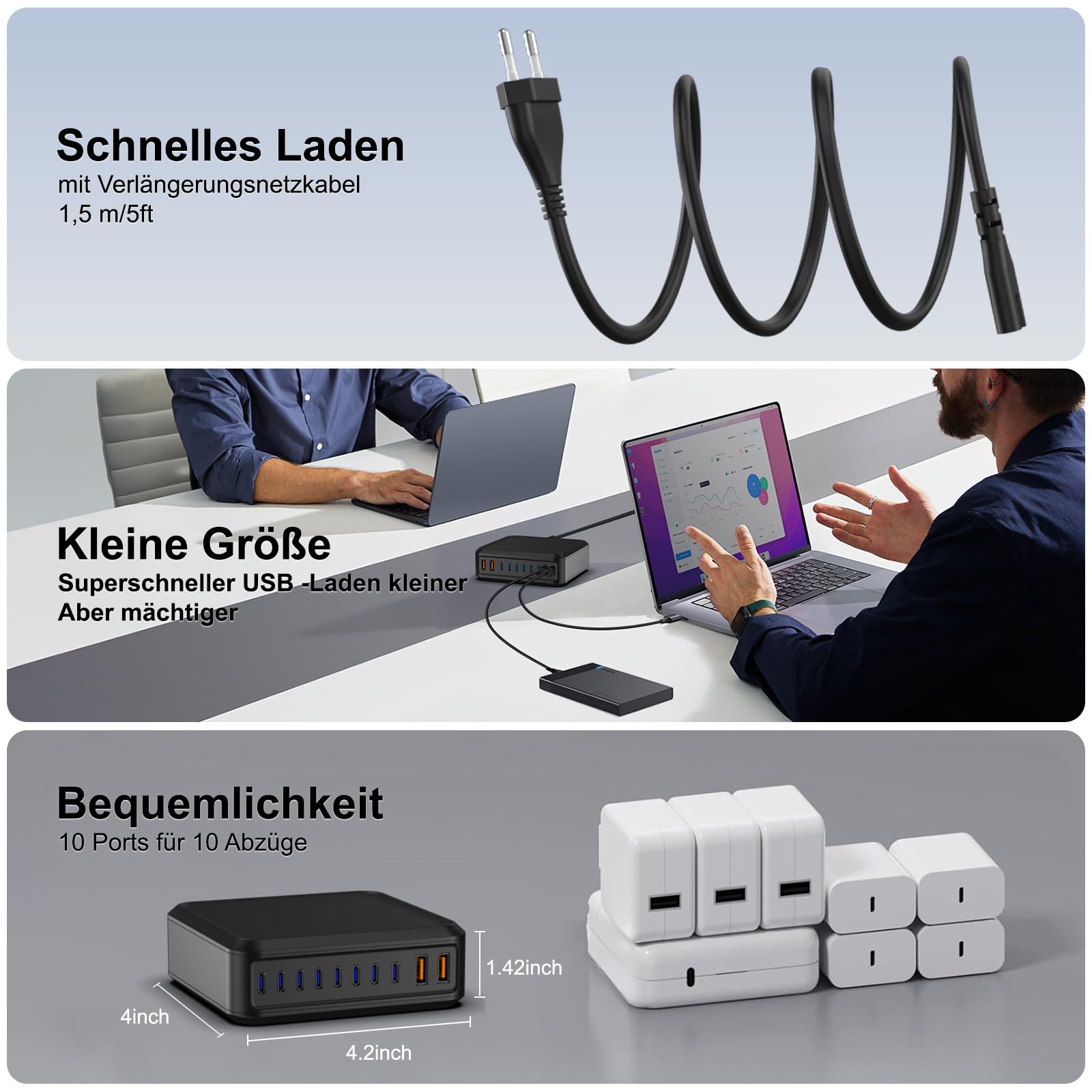 1000W USB C Ladegerät Mehrfach, GaN V 10 Ports USB Ladegerät Mehrfach, 1000W 10-Port Schnellladegerät Kompatibel mit MacBook Pro/Air, iPad Pro/Air, iPhone, Android etc
