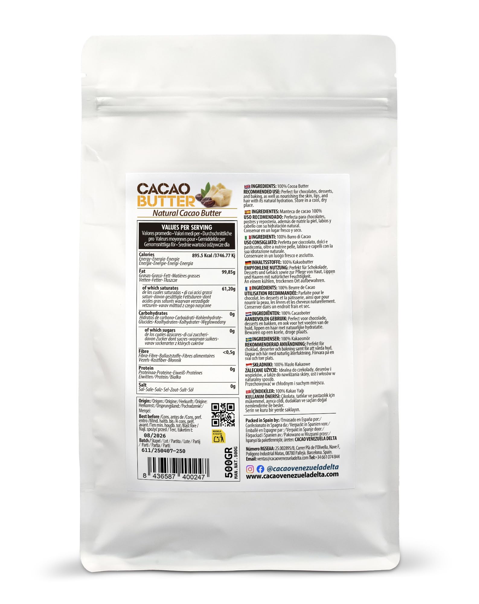 Cacao Venezuela Delta · Burro di cacao 100% · Naturale · Natural · 500g - Qualità extra