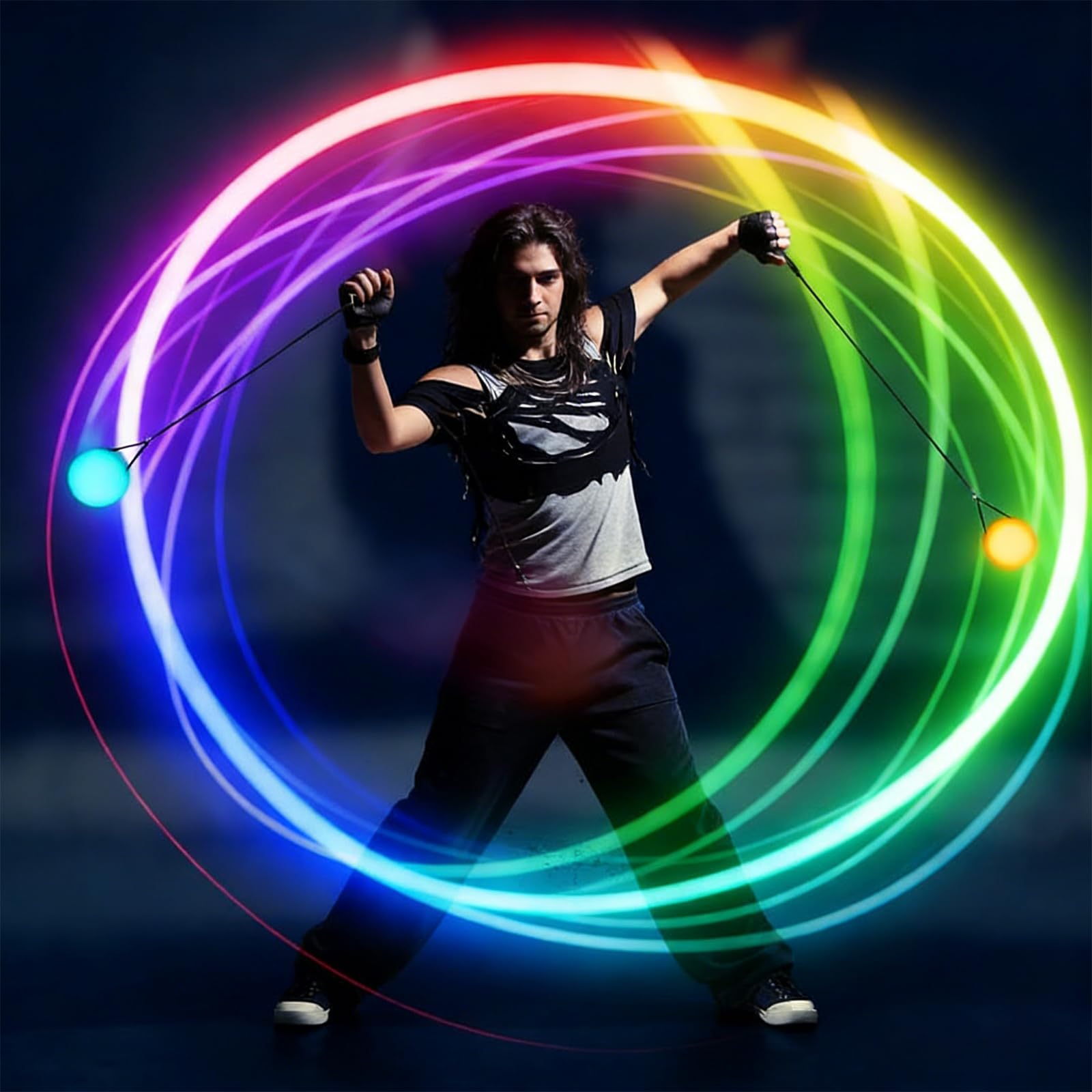 2 Stück LED Poi Bälle, Jonglierbälle Leuchtend, Leuchtball, Led Ball mit Regenbogen Farben und Strobe Effekt, Zirkus Spielzeug, Spinning Set für Erwachsene, Anfänger und Profis