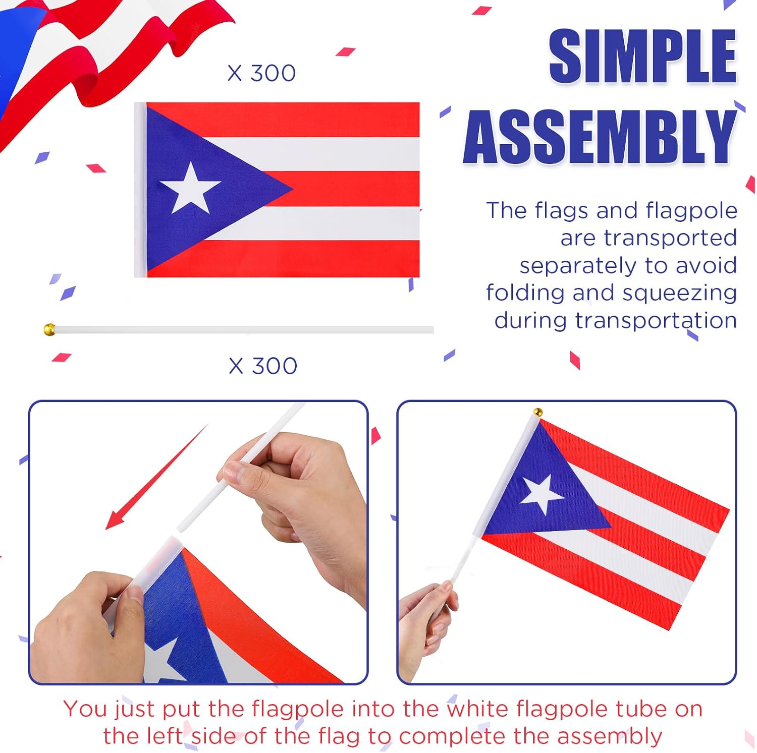 300 Pcs Small Puerto Rico Flag on Stick Plastic 4th of July, 5.5 x 8.3 Inch Hand Held Mini Flags for Independence Day Fourth of July Lawn Memorial Day Parades Patriotic Parties (Puerto Rico Flag)