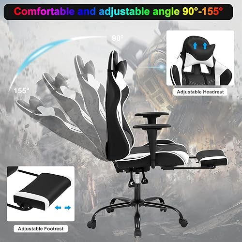 Miniatura 3 de Silla de videojuegos, silla ergonómica para videojuegos, con reposapiés, reclinable, respaldo alto, con soporte lumbar, reposacabezas y apoyabrazos,