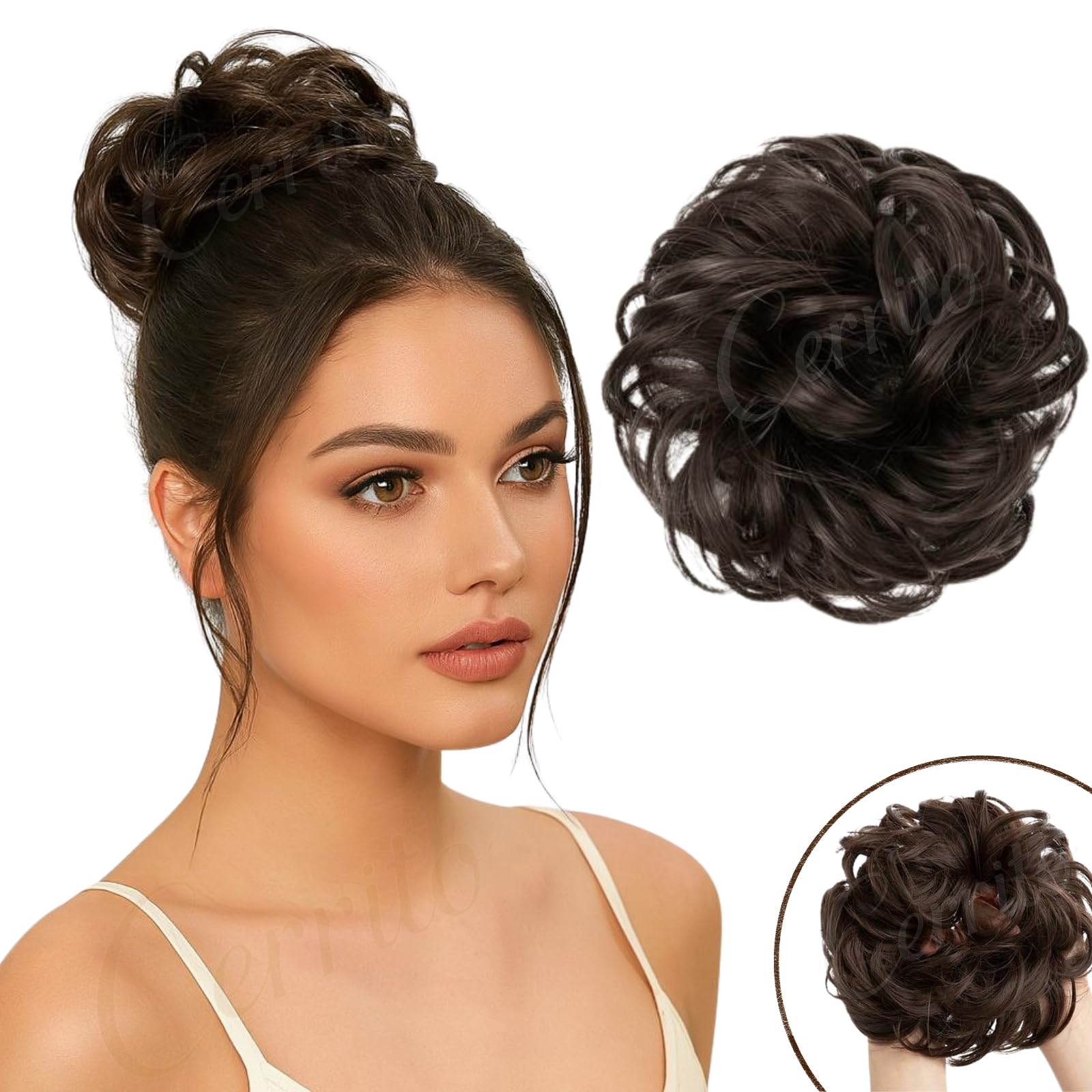 Cerrito Messy Bun Hair Extensions – Hair Accessories for Woman, Curly Wavy Updo Juda Bun with Elastic Rubber Band, Artificial Fake Donuts Maker, Stylish for Casual, Party & Wedding, Brown, 1 Pcs-image-27