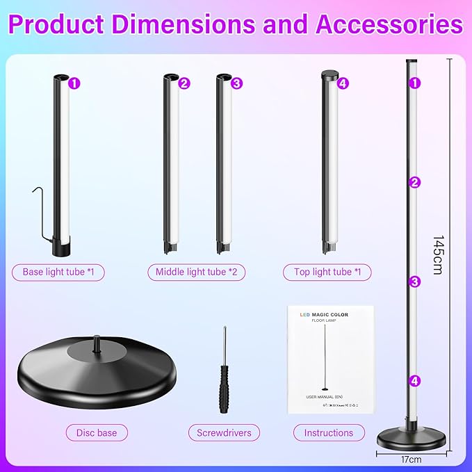 NIKYJM Led-vloerlamp, 145 cm, RGB, dimbaar, staande lamp, led-hoeklamp met afstandsbediening en app, 16 miljoen kleuren, 300 scènemodi, muziekmodi, doe-het-zelf-modus voor woonkamer, woonkamer, photo 2