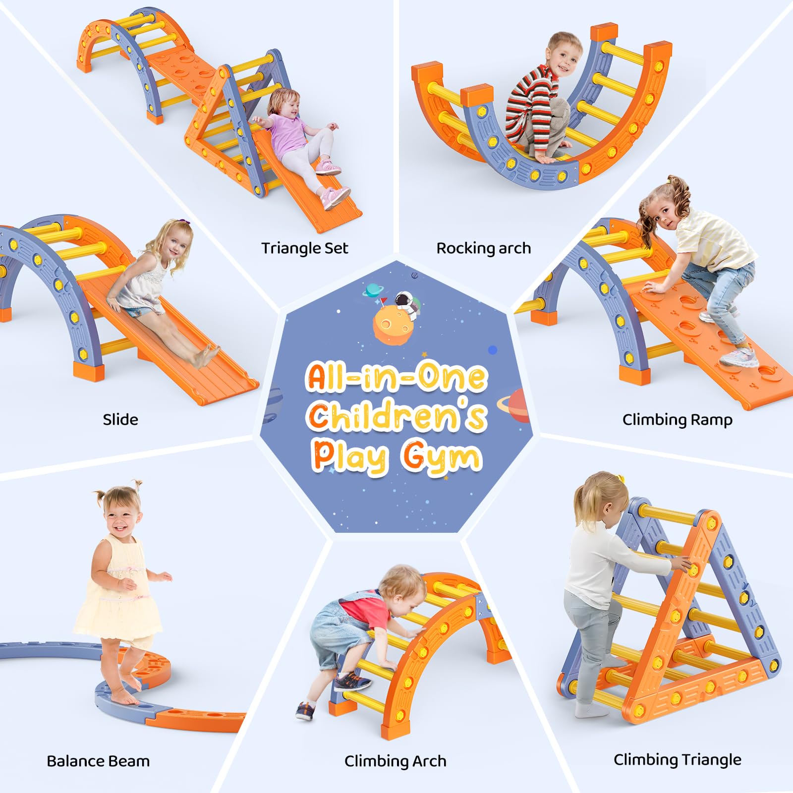 Montessori Klettergerüst Set, Indoor Kletterdreieck mit Dreieckiges Klettergerüst,Halbkreis, Leiter,Rutsche aus Kunststoff Kletterturnhalle für Babys (Orangeblau 005)