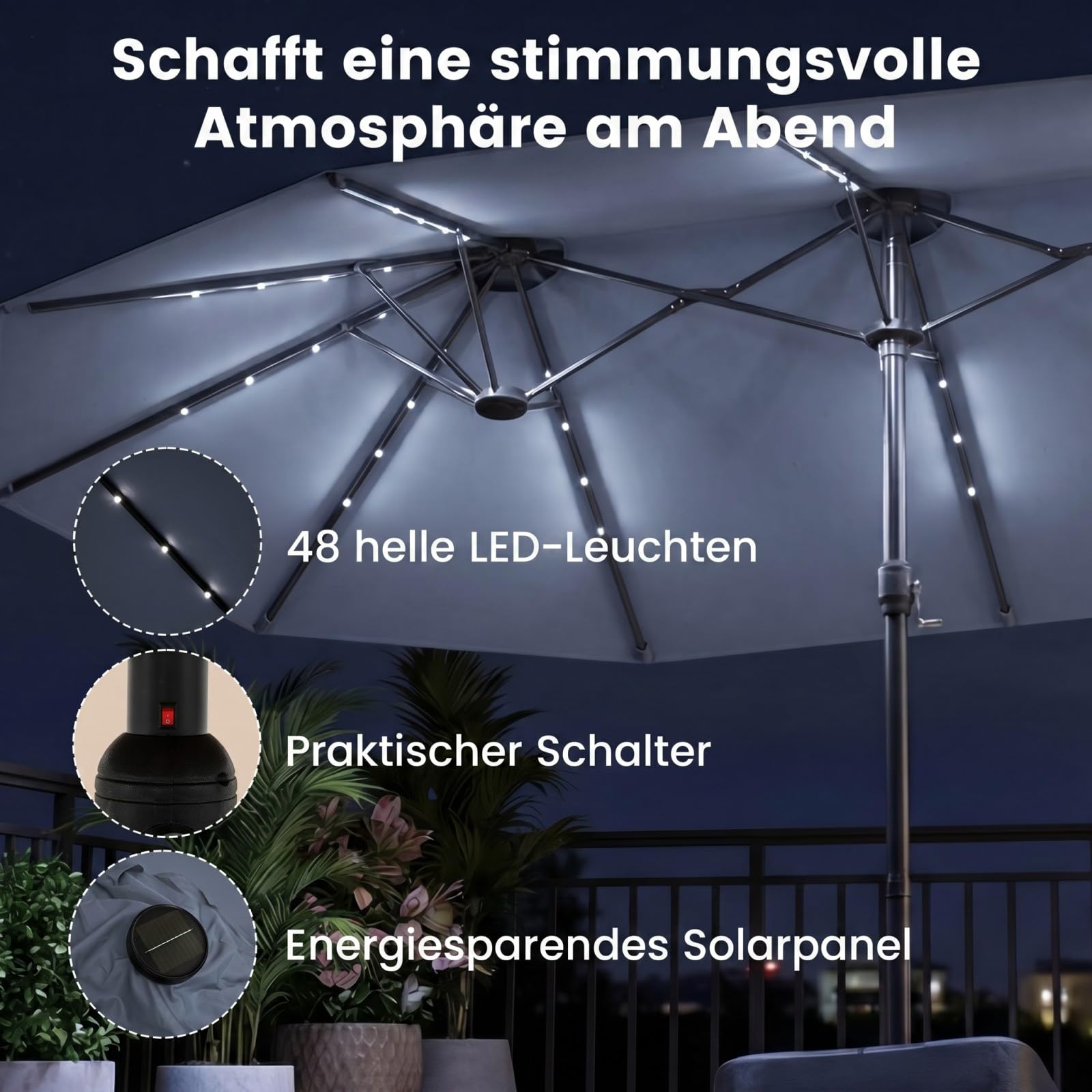 COSTWAY Doppelsonnenschirm mit Ständer und LED-Solar-Beleuchtung, 450 x 260 cm, Sonnenschirm Groß XXL, UPF 50+, Gartenschirm mit Kurbel, Terrassenschirm, Marktschirm für Garten, Terrasse, Grau