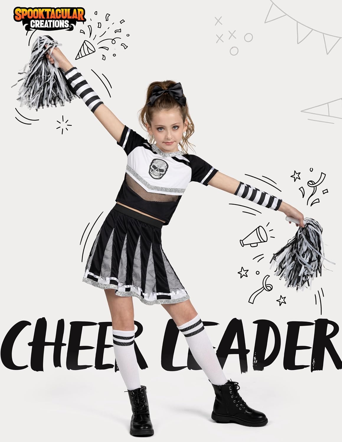 Spooktacular Creations Halloween Cheerleader Costume Girls, Bad Spirit Costume for Kids, Skull Scary Outfit with Accessories