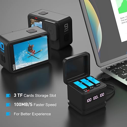 Miniatura 6 de Paquete de 2 baterías para Hero 9101112 2000mAh y cargador rápido de almacenamiento con función de lector de tarjetas Micro SD de alta velocidad