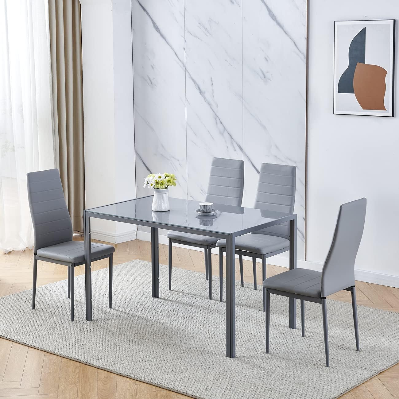 Redd Royal Grey Glass Dining Room Table and Pu Leather Chairs Set of 4 for Small Space, 5 Pieces Rectangular Kitchen Table Set with 4 Seaters Chairs
