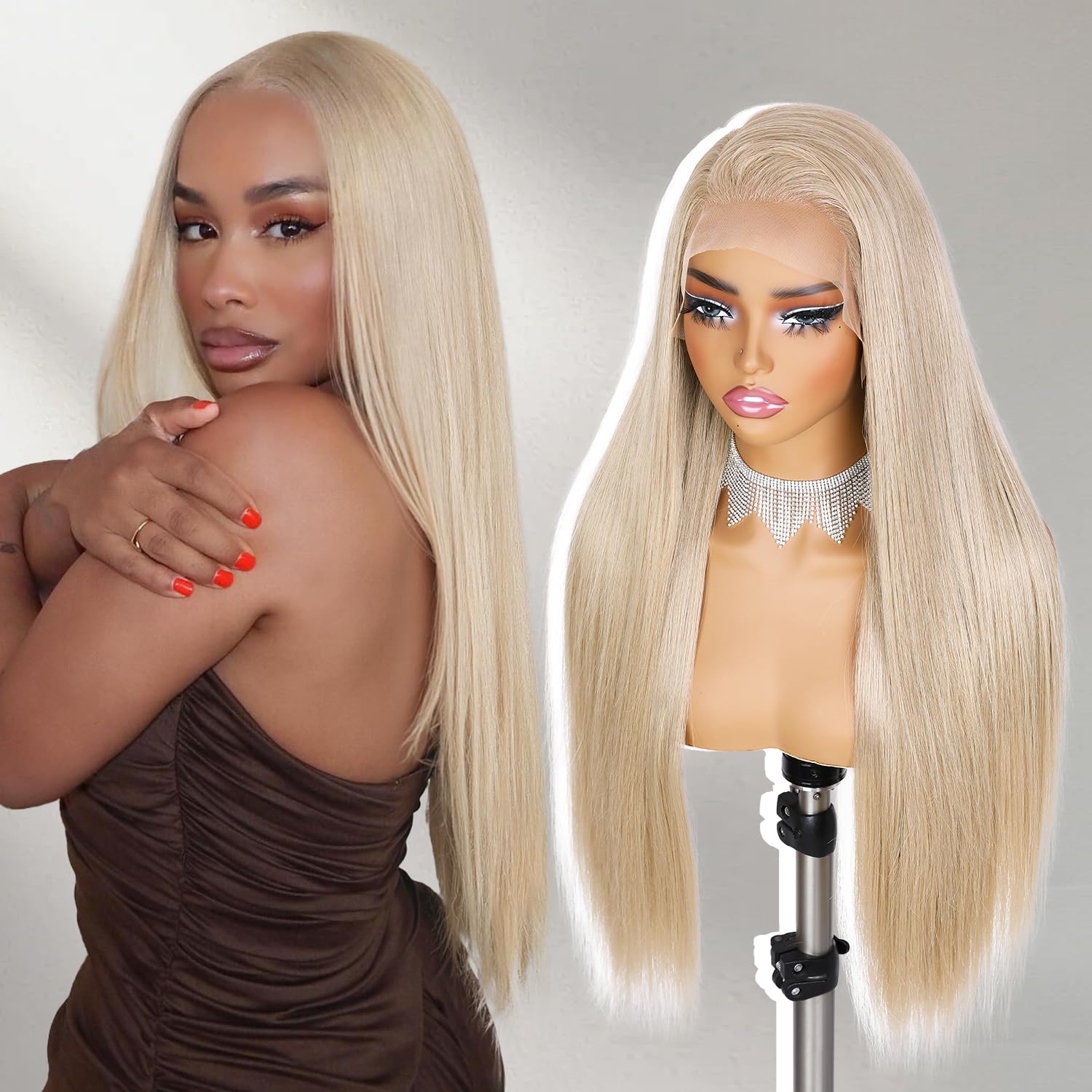Quantum Love13x6 Lace Long Straight Wigs Lace Front Synthetic Blonde Wig for Women 28Inch Wear and Go Glueless Blonde Hair Wig