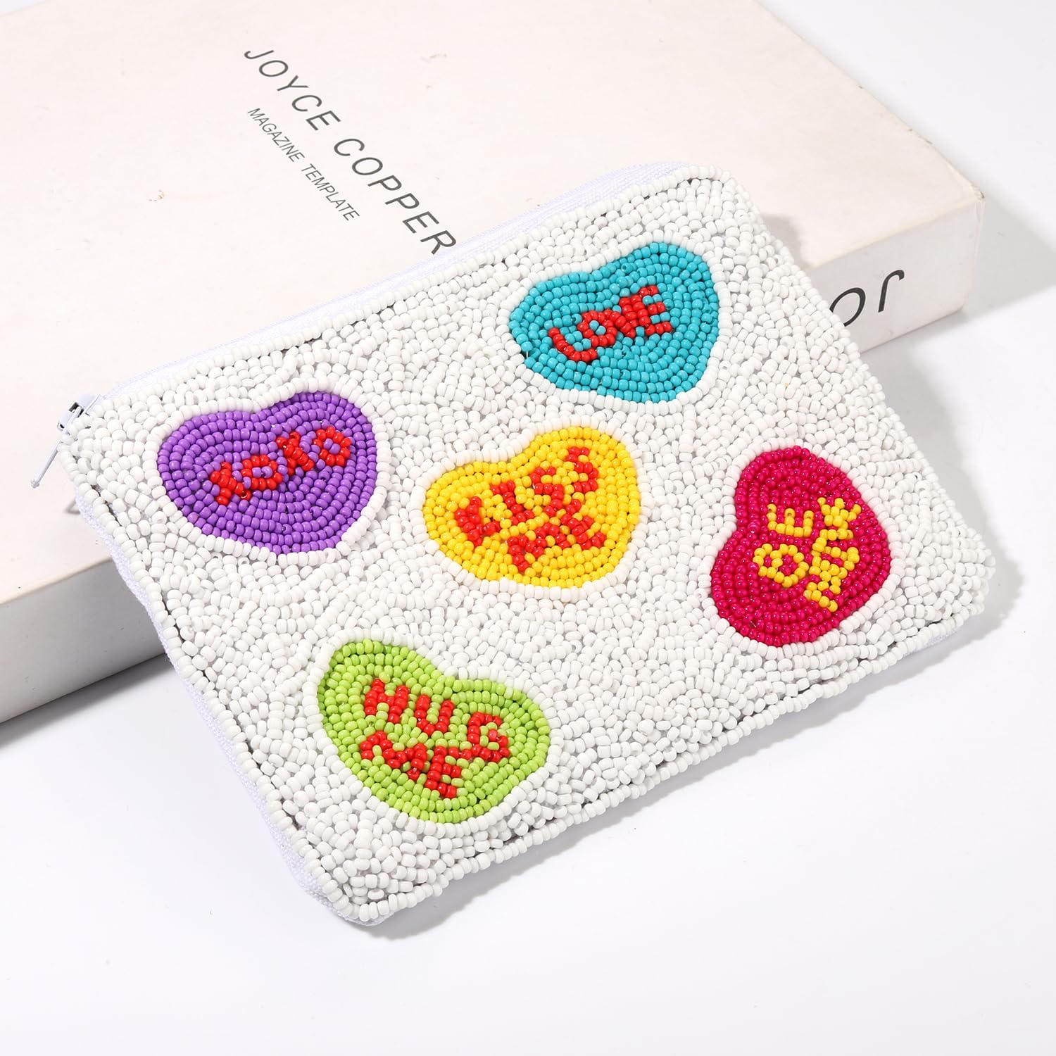 Valentine’s Day Coin Purse for Women, Beaded XOXO Heart Coin Purse Festive Pouch Bag Handmade Small Change Purse Wallet with Zipper Valentine’s Day Outfits Accessories Gifts (Style B) - Image 5