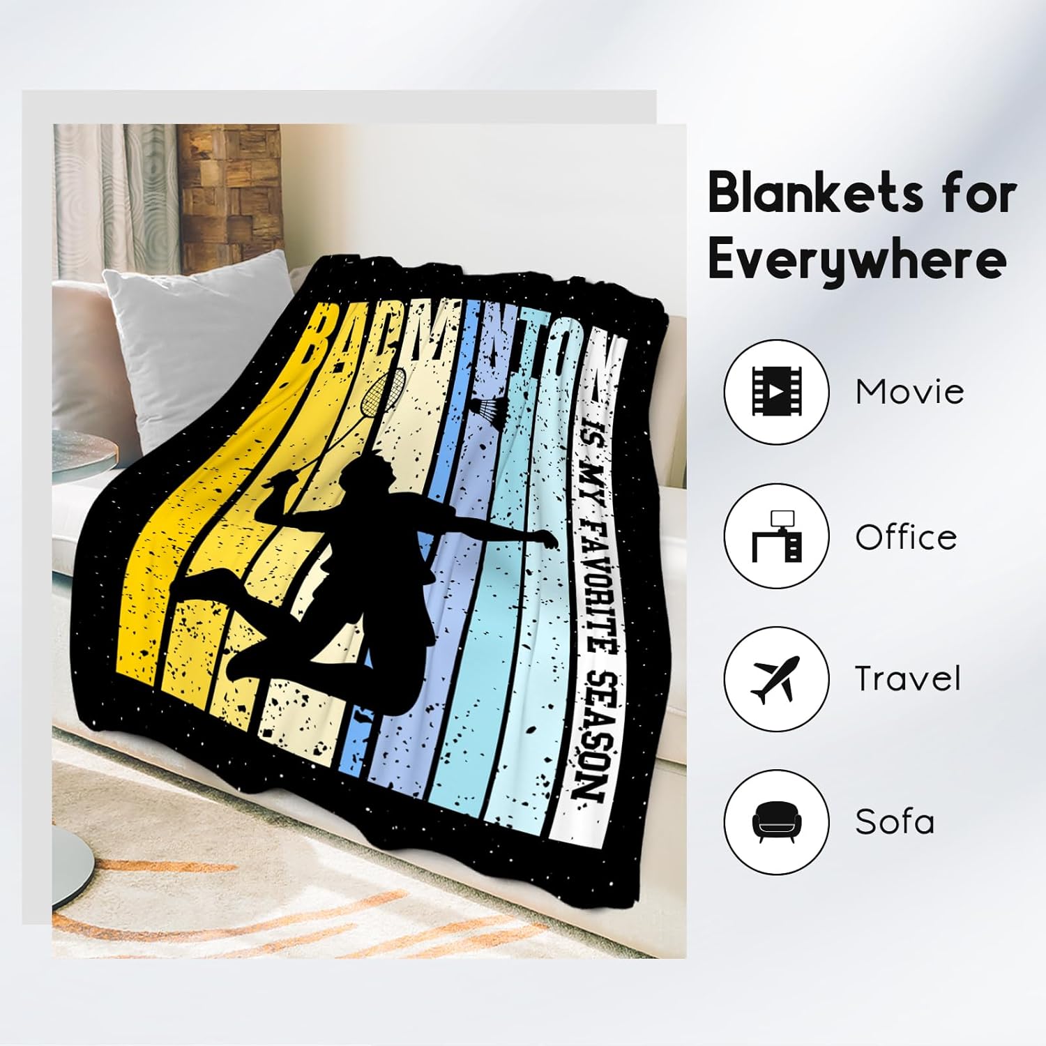 Badminton Blanket, Badminton Gifts for Men Boys Him Dad, 60"x80" Flannel Throw Gift for Kids Bedroom Decor, Soft Fuzzy Sport Theme Blankets for Bed Living Room