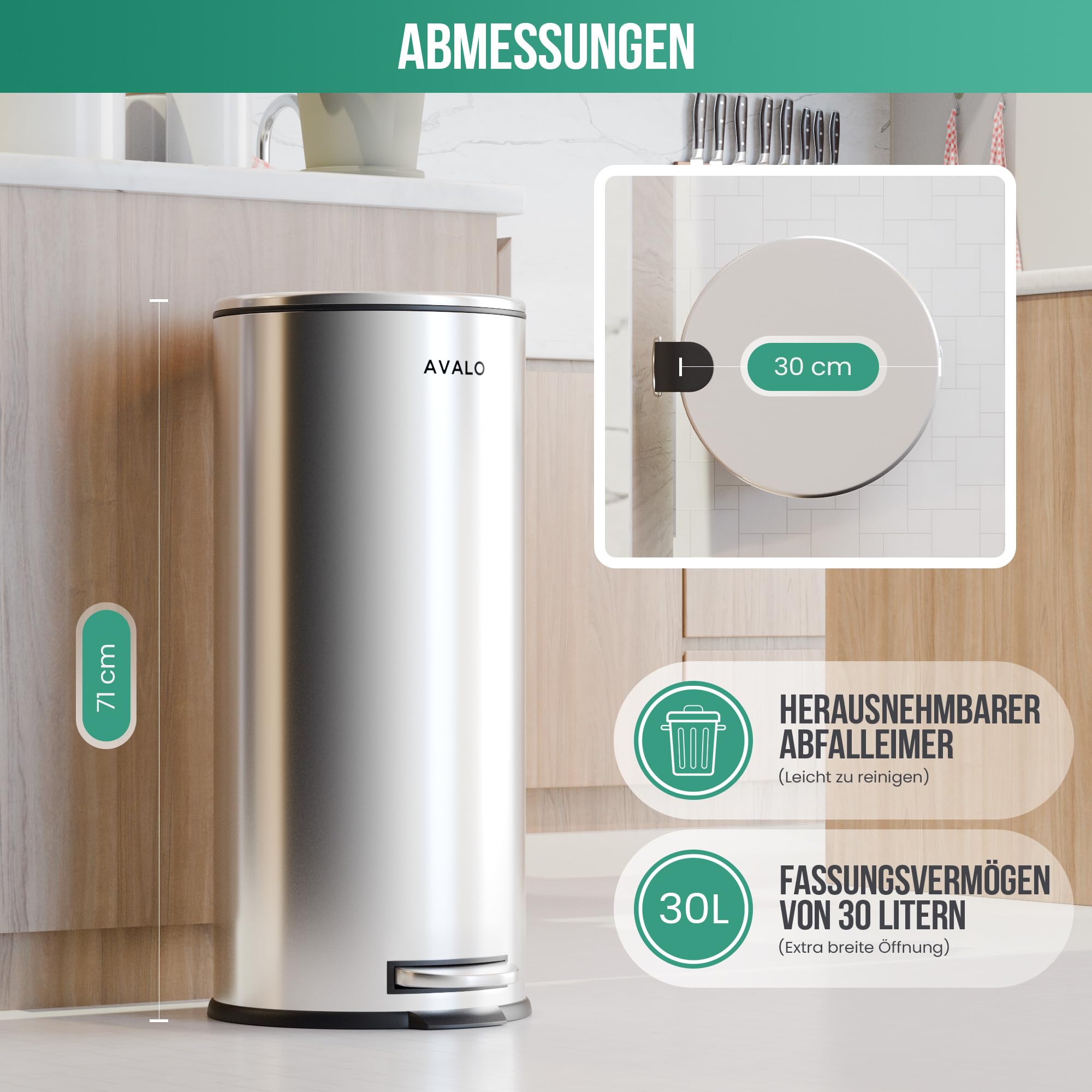 Avalo Treteimer 30L - Edelstahl Silber - Soft Close - Abfalleimer 30 Liter - Mülleimer 30 Liter