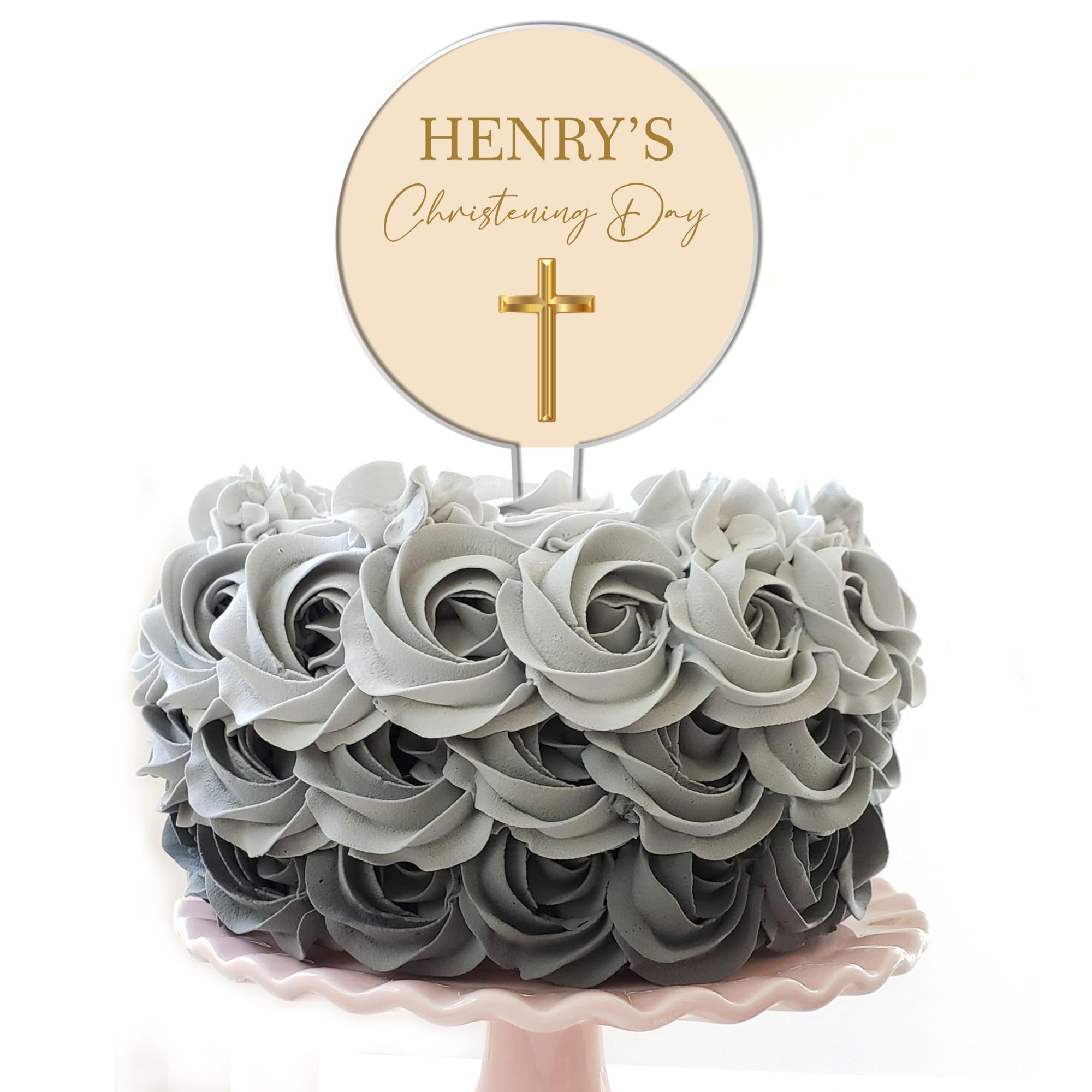 Personalised Acrylic Cake Topper for Christenings Confirmations Holy Communions – Custom Child’s Name in 7 Colours with Gold Cross Design (Christening Day, Beige)