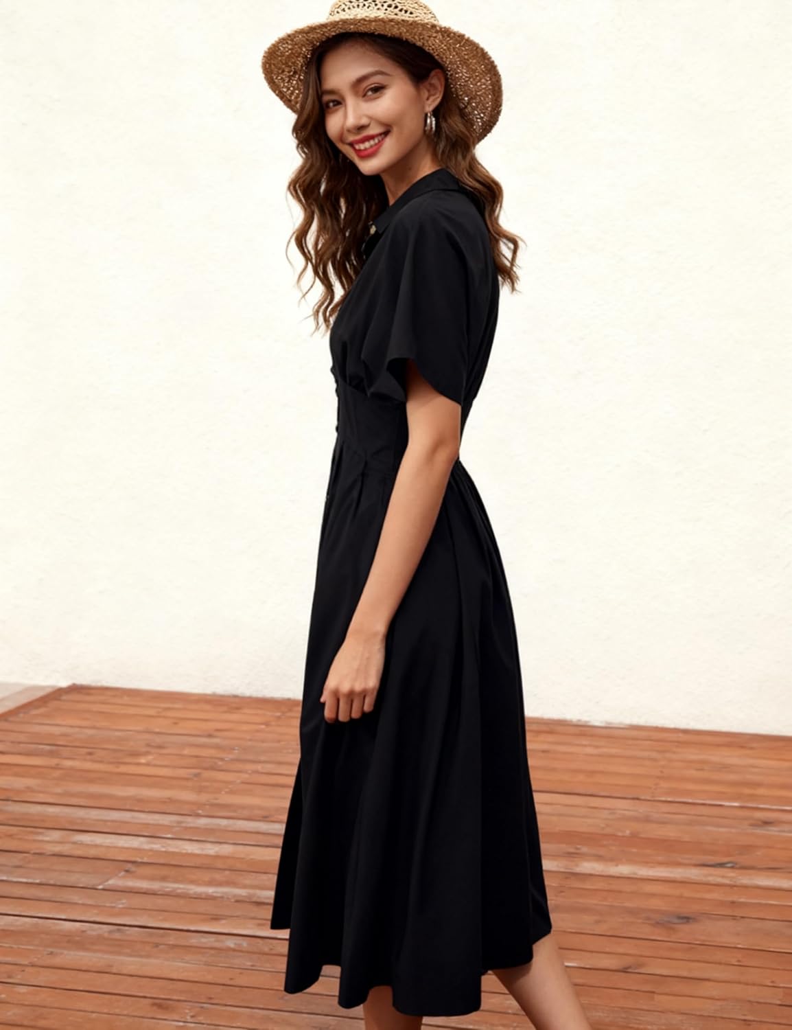 Yeokou Shirt Dress for Women Summer Casual Short Sleeve Button Down Loose Pleated Maxi Sundress with Pockets - Image 6