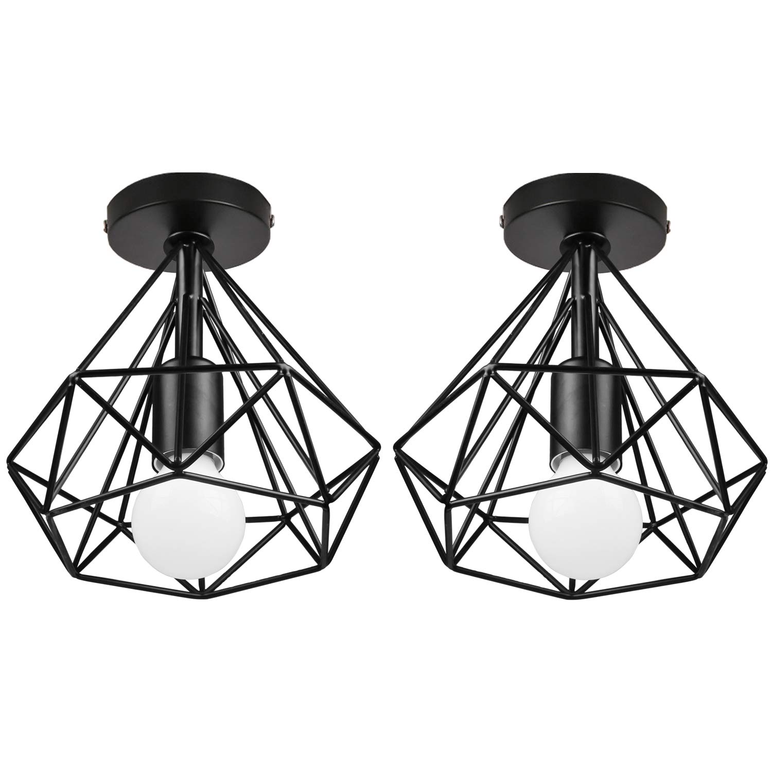 iDEGU 2 pack Plafonniers Rétro Industriel Ø20cm Luminaire Abat-jour en Metal Design Cage Diamant Lustre Lampes de Plafond pour Chambre Salon Couloir Cuisine, Noir