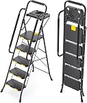KINGRACK 4 Step Ladder, Sturdy Steel Step Stool with Tool Platform, Safe-Lock, Handrail, Anti-Slip Wide Pedals, Pass 330lbs Load Testing, Folding Portable Ladder for Multi-Purpose, Home Kitchen, Black