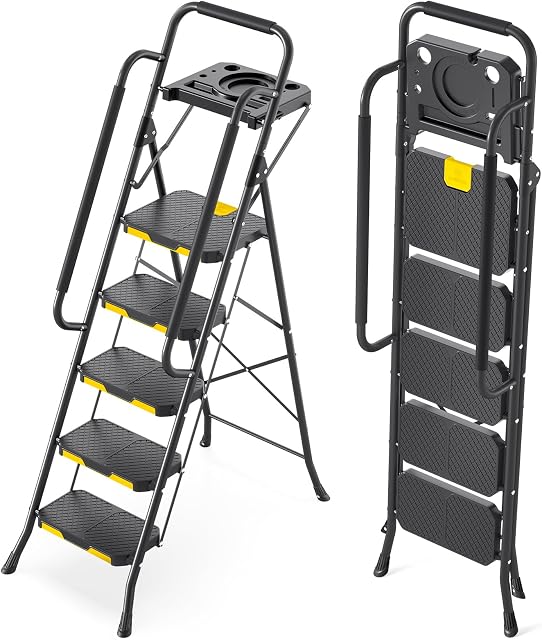 KINGRACK 5 Échelle à pas avec plate-forme d'outils, tabouret pliant à pas, échelle en acier robuste avec large pédale, 330 LBS Sécurité portable pour adultes Peinture Maison Garage extérieur
