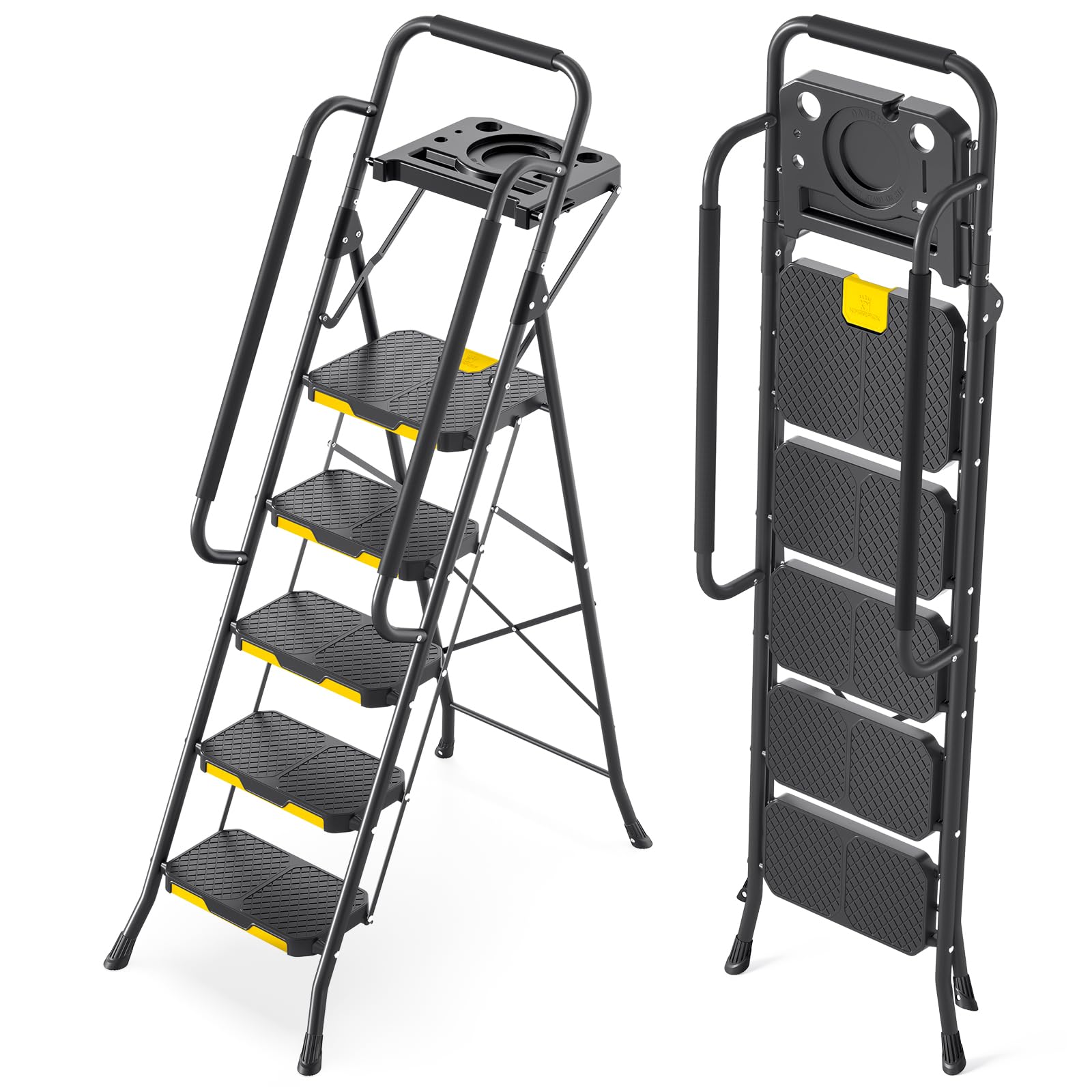 KINGRACK 5 Step Ladder with Tool Platform, Folding Step Stool with Handrails, Sturdy Steel Ladder with Wide Pedal, 330 LBS Portable Safety for Adults Painting Home Outdoor Garage