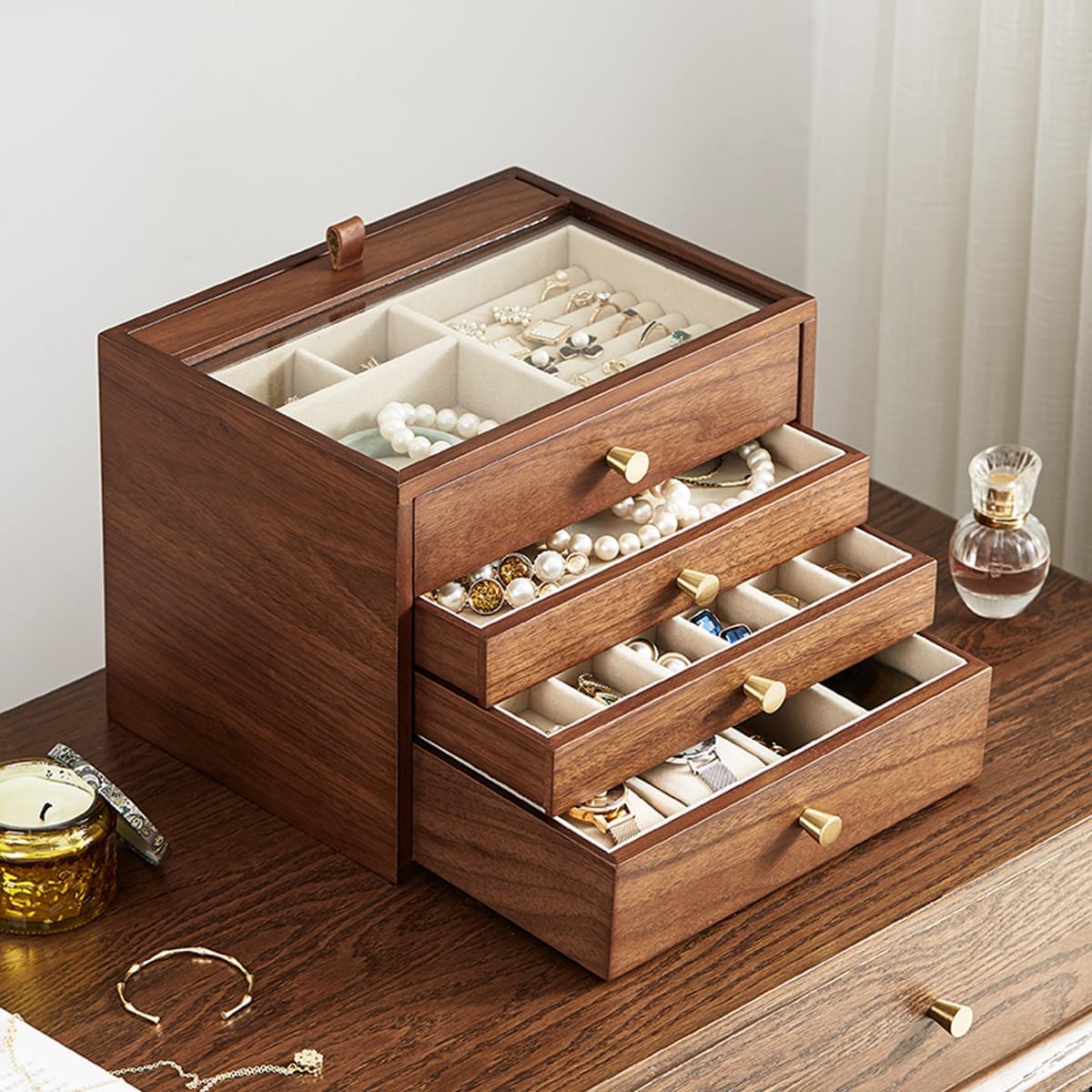 CHOSIN Black Walnut Wooden Jewelry Box for Women, Wood Jewelry Organizer 4 Layer with Glass Lid and Pull-out Necklace Storage Layer, for Watch Necklace Ring Earring Storage, Ideal Gift for Her