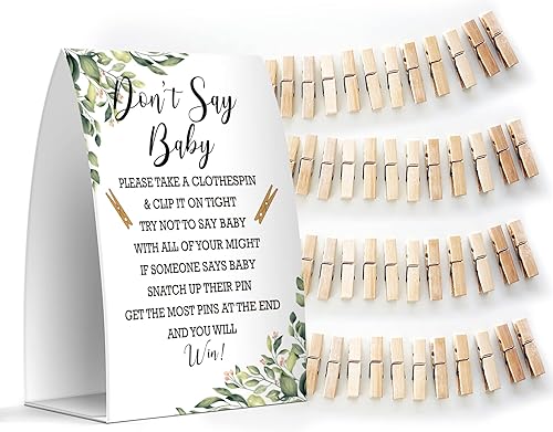Miniatura 9 de Juego de texto en inglés "Don't Say Baby", un letrero de 5 x 7 pulgadas y 50 mini pinzas para la ropa, juegos de baby shower, decoración de baby